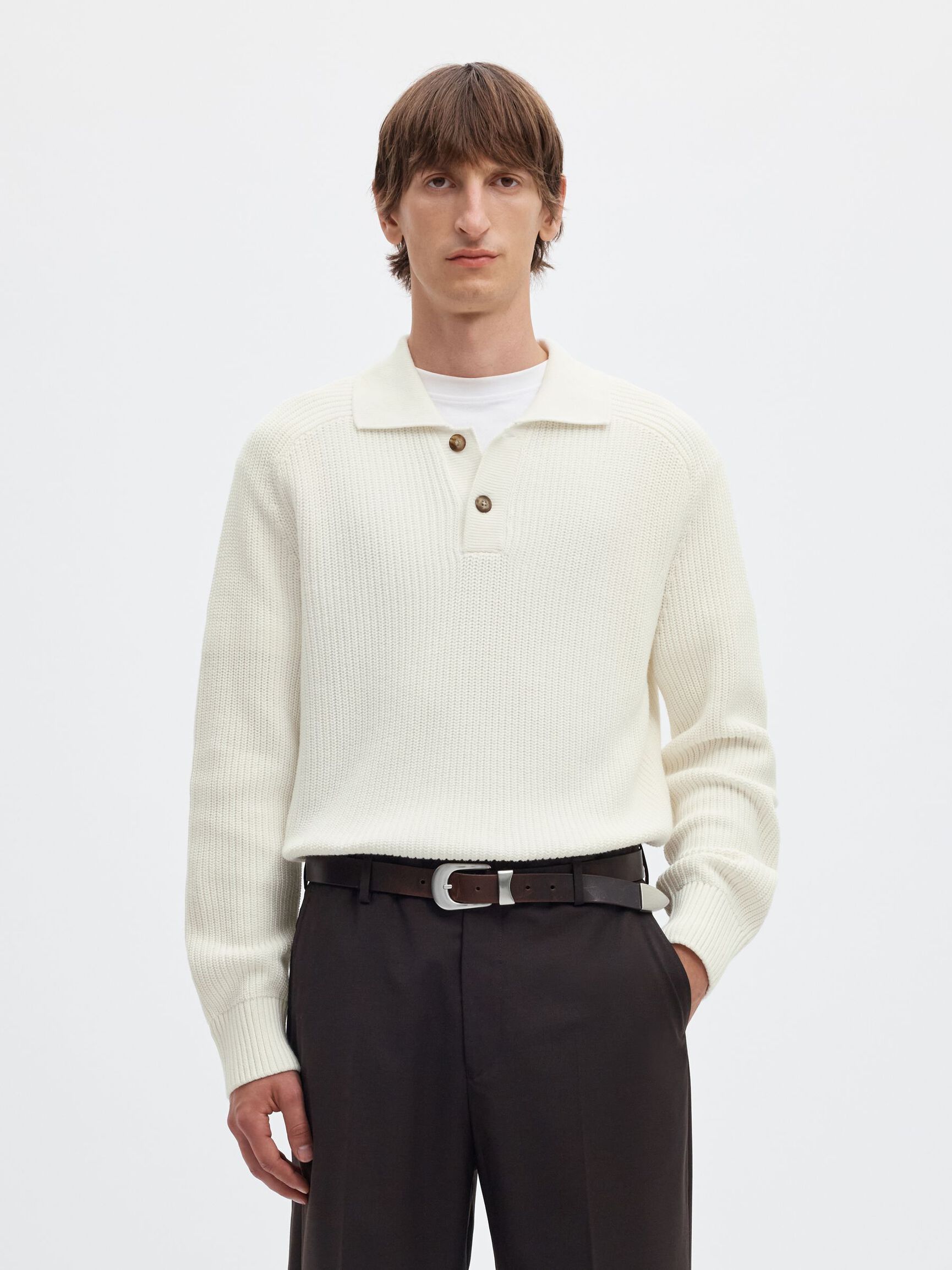 UZUN KOLLU TRIKO POLO ÖRGÜ POLO TIŞÖRT, Egret, highres