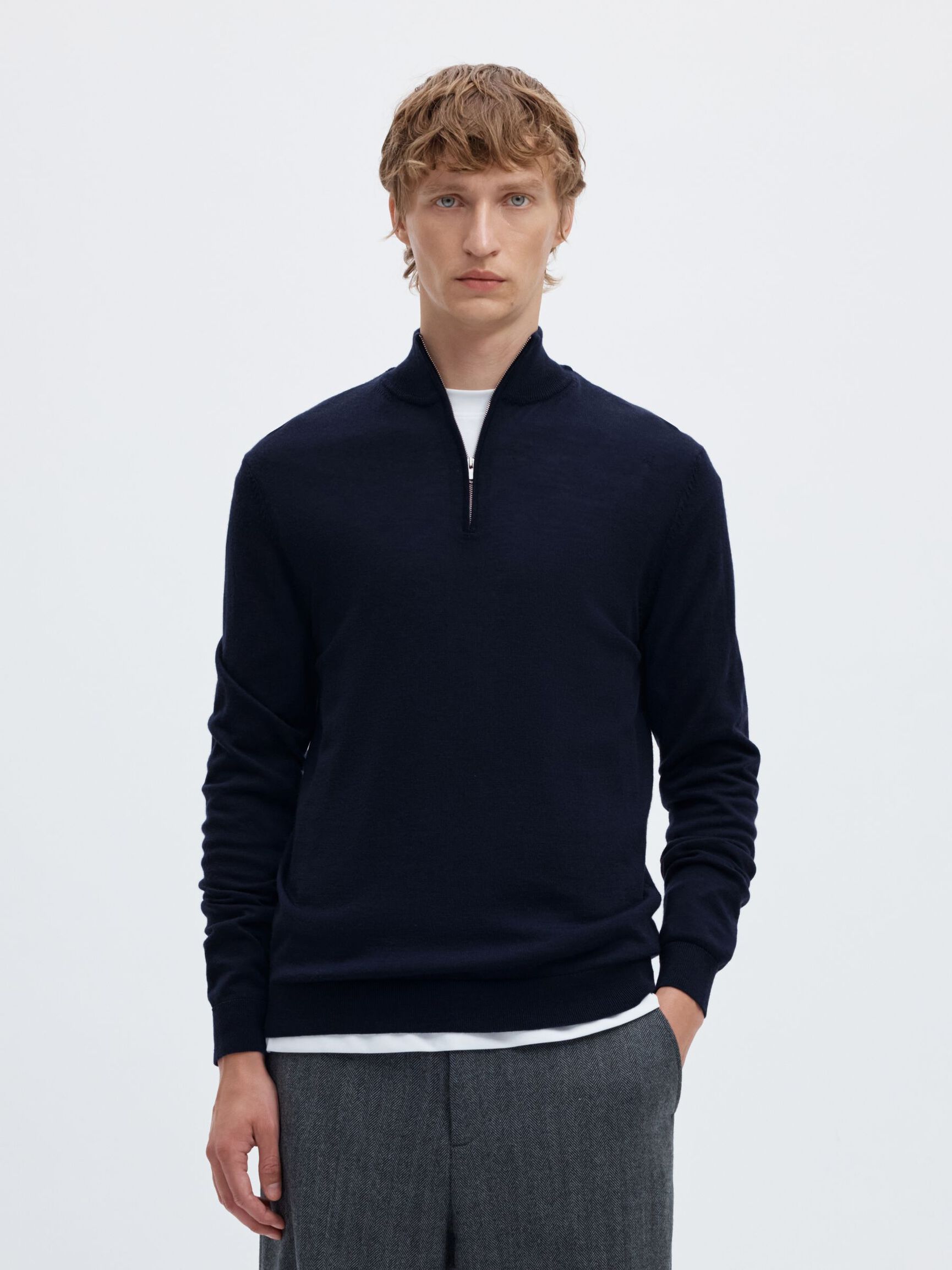100% MERINO WOOL HALF-ZIP JUMPER, Navy Blazer, highres