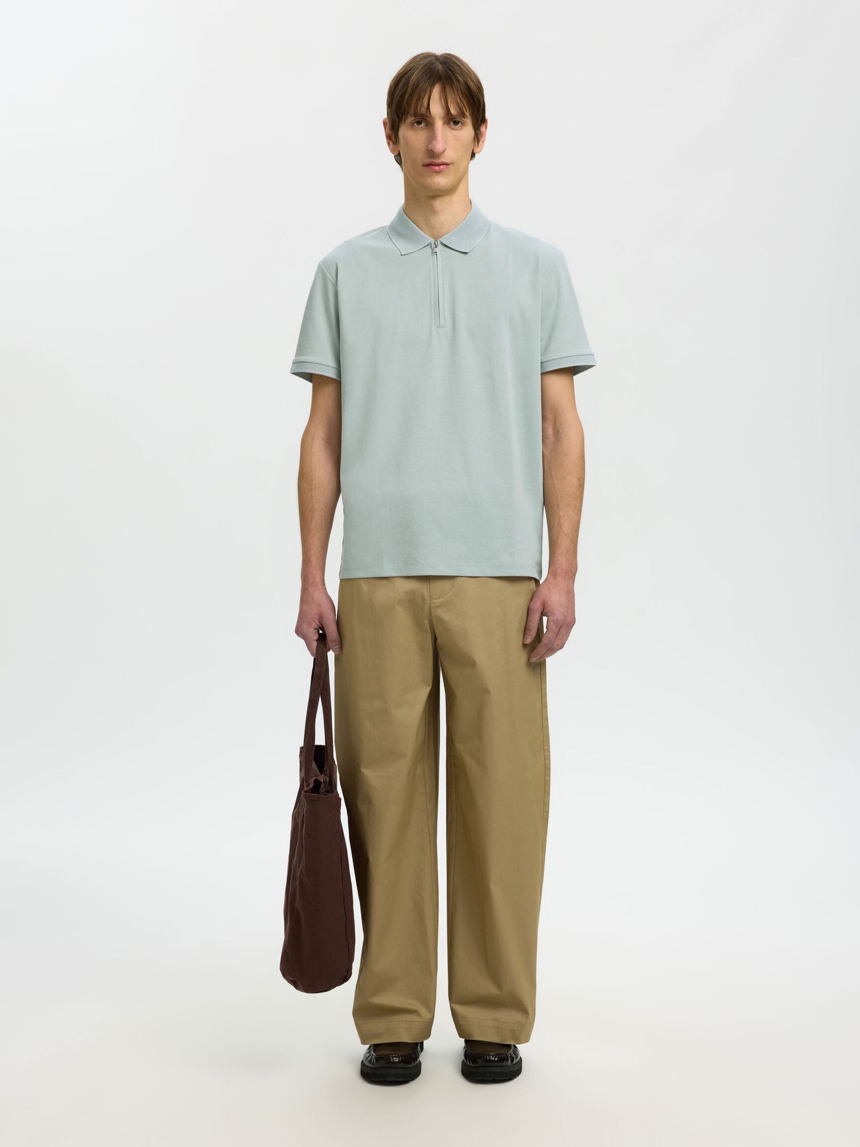 ZIPPER KNITTED POLO SHIRT, Aqua Gray, highres
