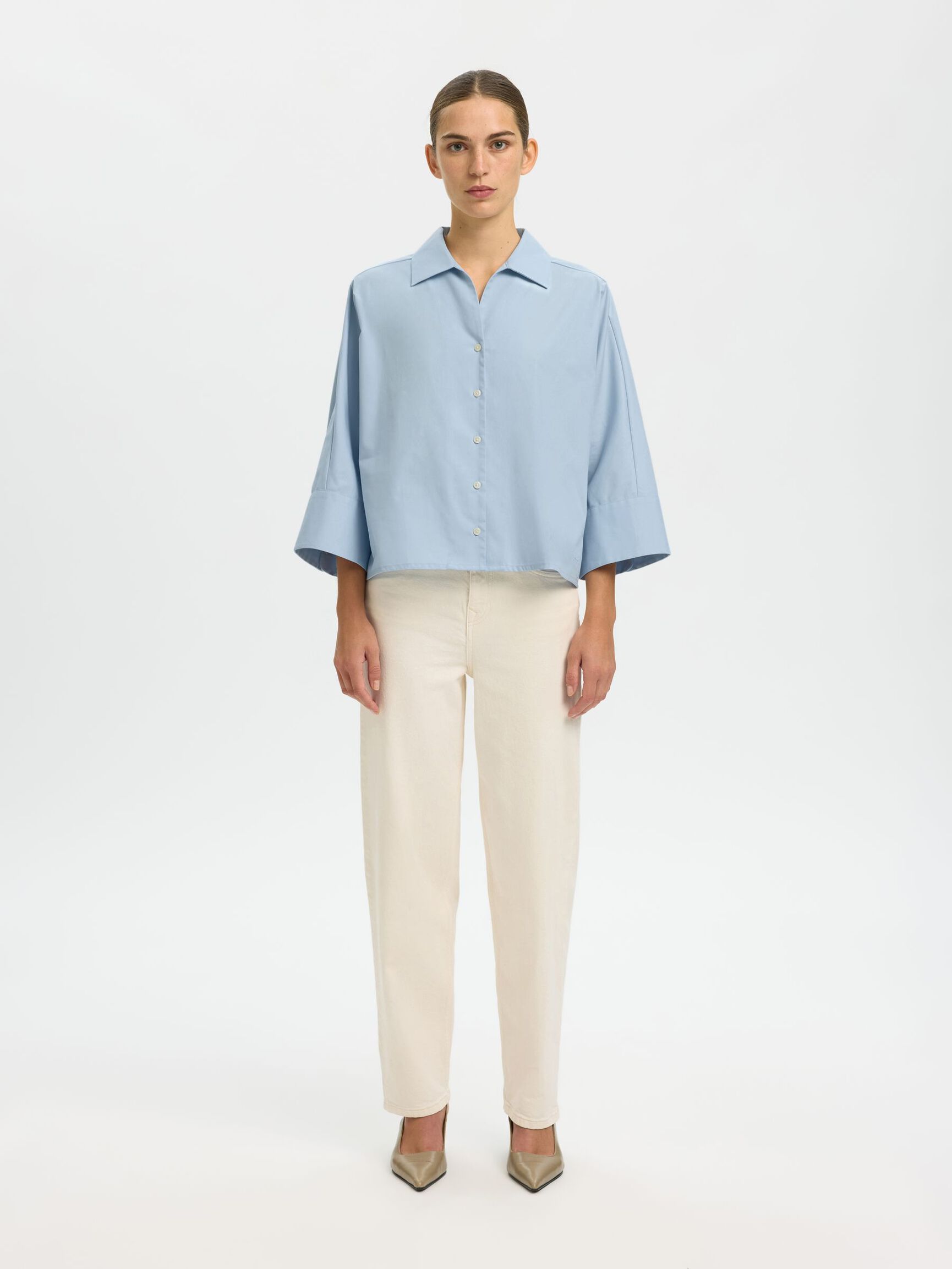 OVERSIZED 3/4 SLEEVED SHIRT, Cashmere Blue, highres