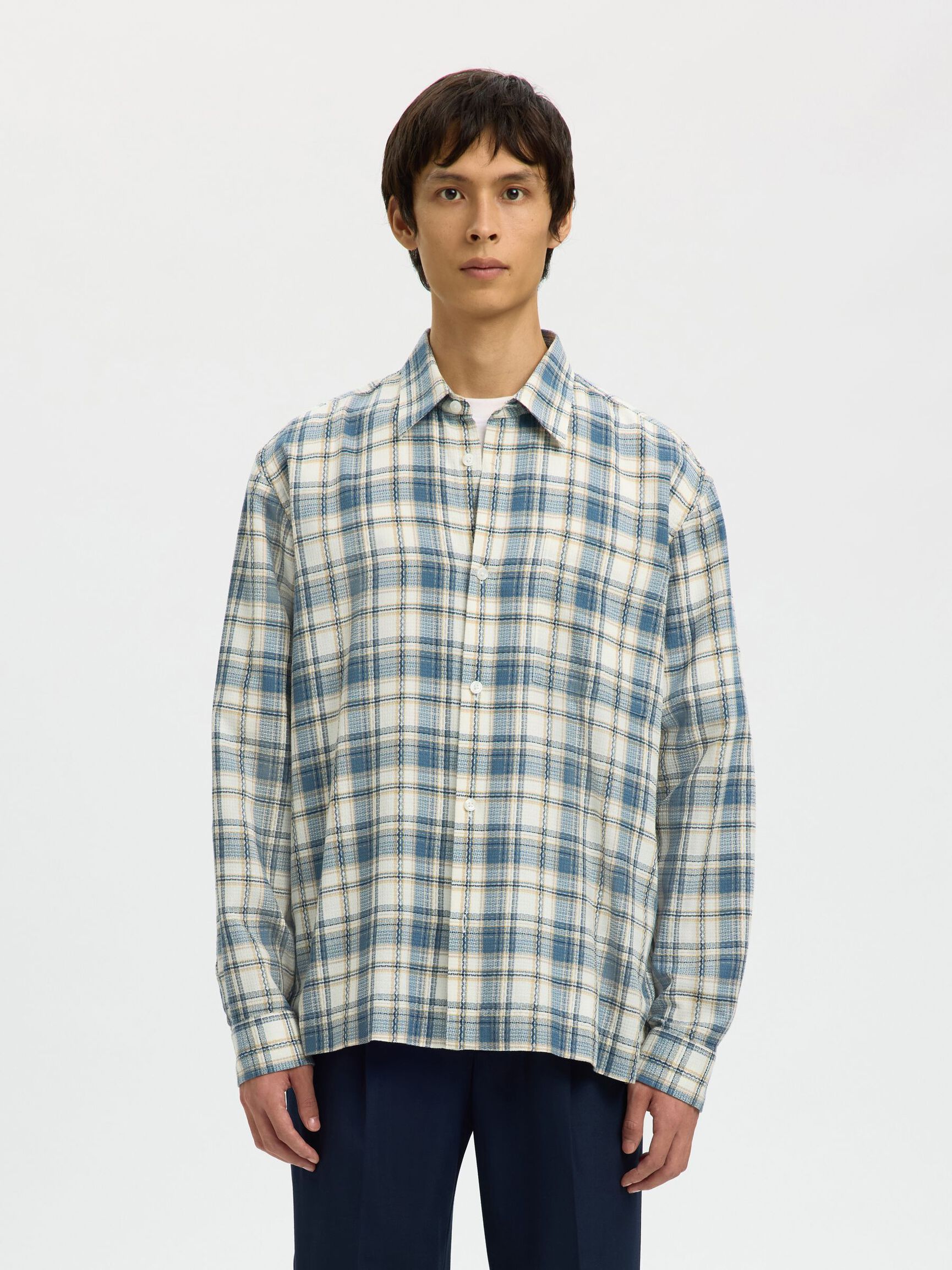 COTTON CHECKED SHIRT, Egret, highres