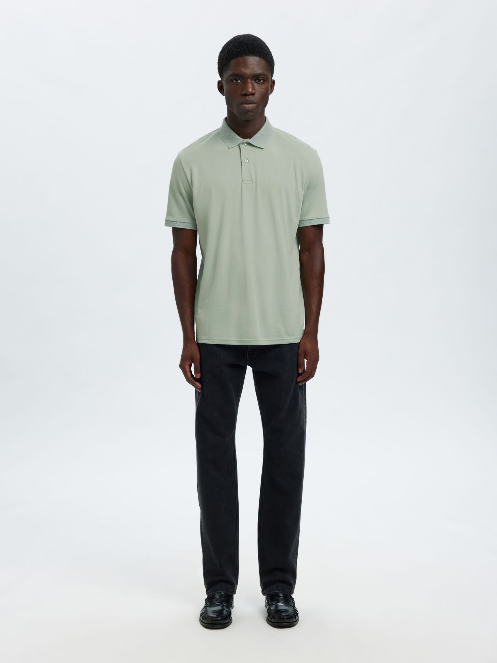 SHORT SLEEVED KNITTED POLO SHIRT, Aqua Gray, highres