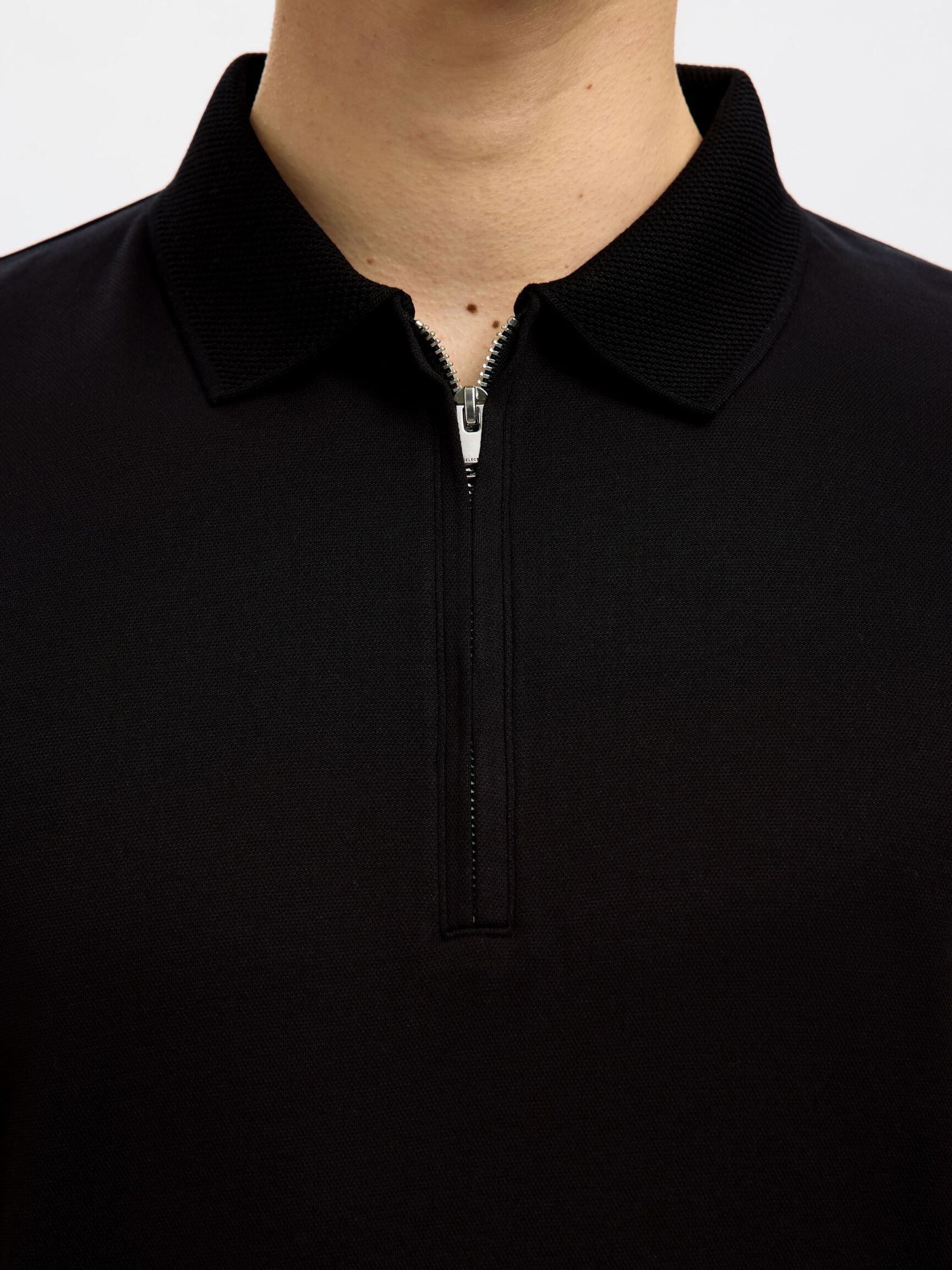 ZIPPER KNITTED POLO SHIRT, Black, highres