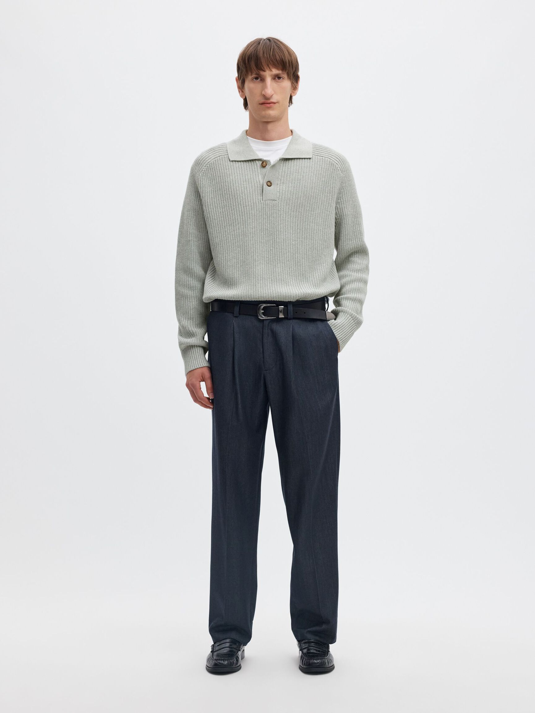 UZUN KOLLU TRIKO POLO ÖRGÜ POLO TIŞÖRT, Light Grey Melange, highres