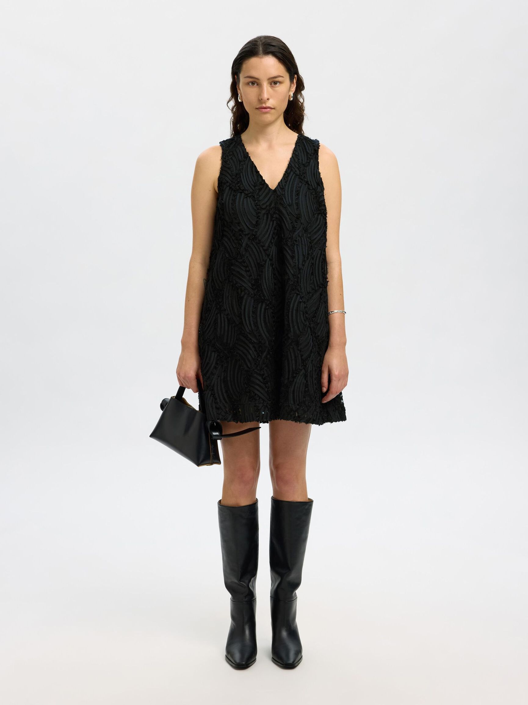V-NECK MINI DRESS, Black, highres