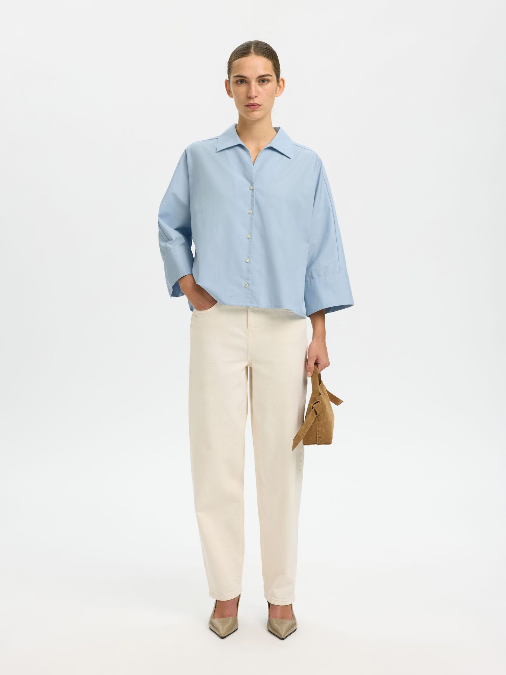 OVERSIZED 3/4 SLEEVED SHIRT, Cashmere Blue, highres