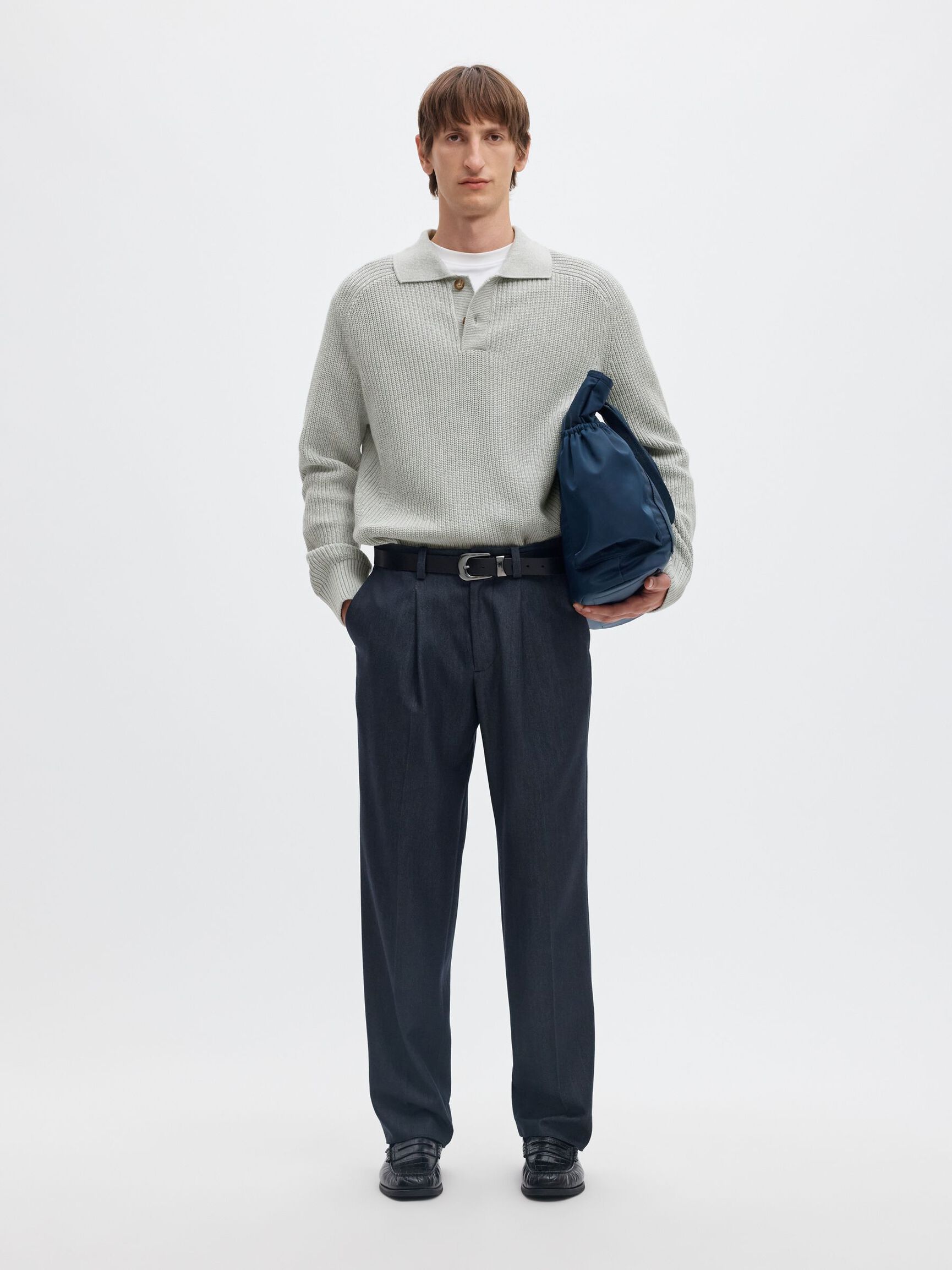 UZUN KOLLU TRIKO POLO ÖRGÜ POLO TIŞÖRT, Light Grey Melange, highres