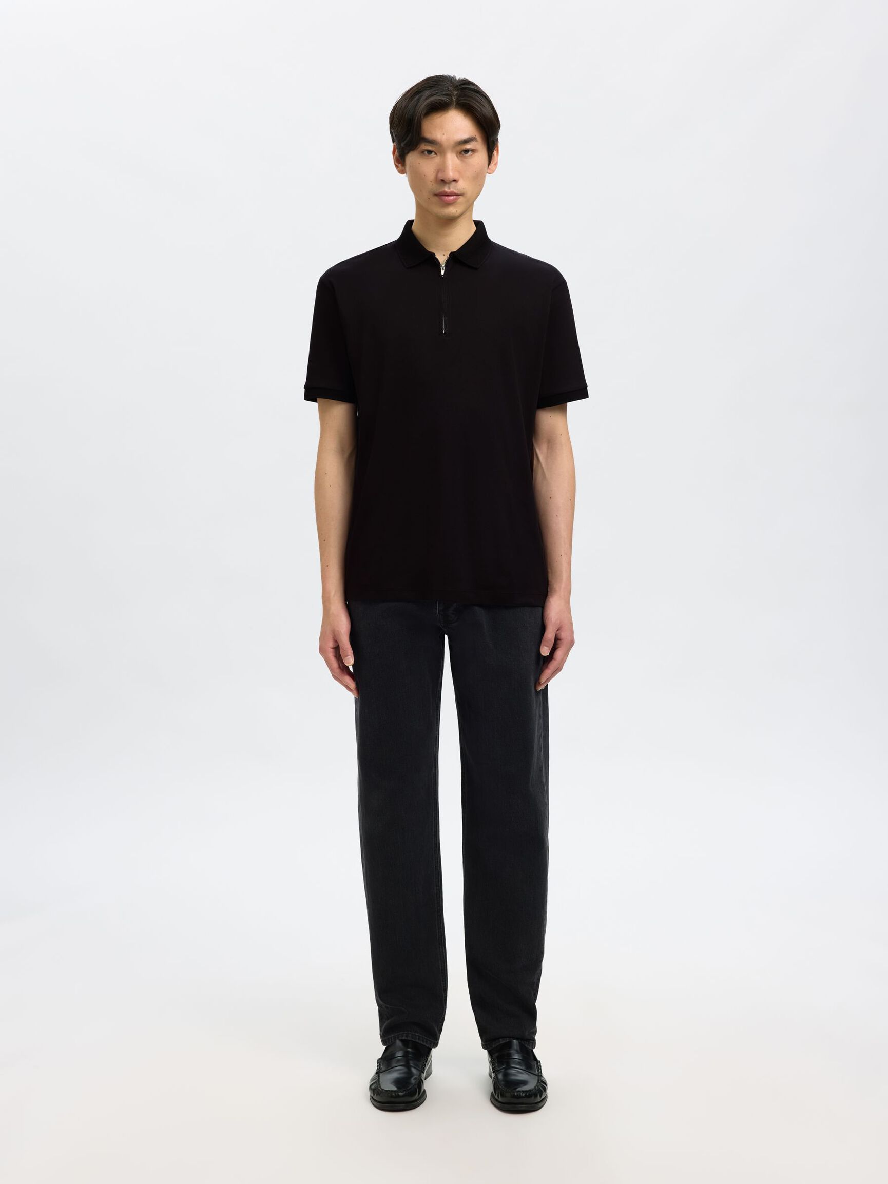 ZIPPER KNITTED POLO SHIRT, Black, highres