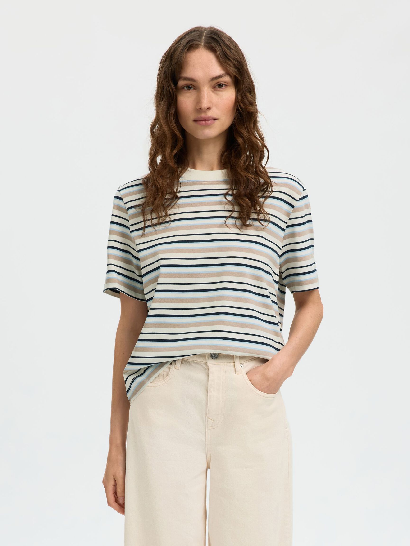 STRIPED BOXY FIT T-SHIRT, Cashmere Blue, highres