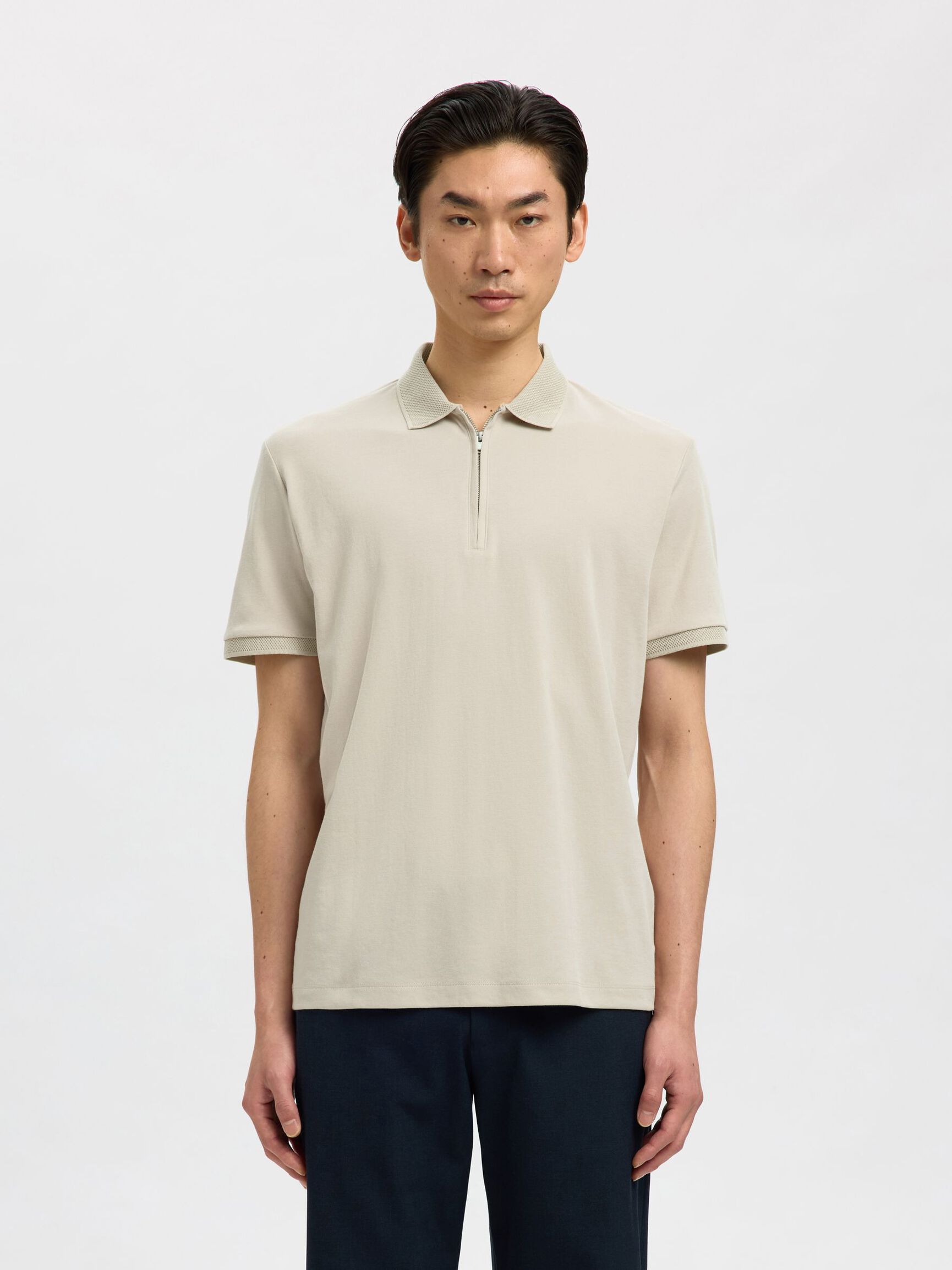 ZIPPER KNITTED POLO SHIRT, Oatmeal, highres