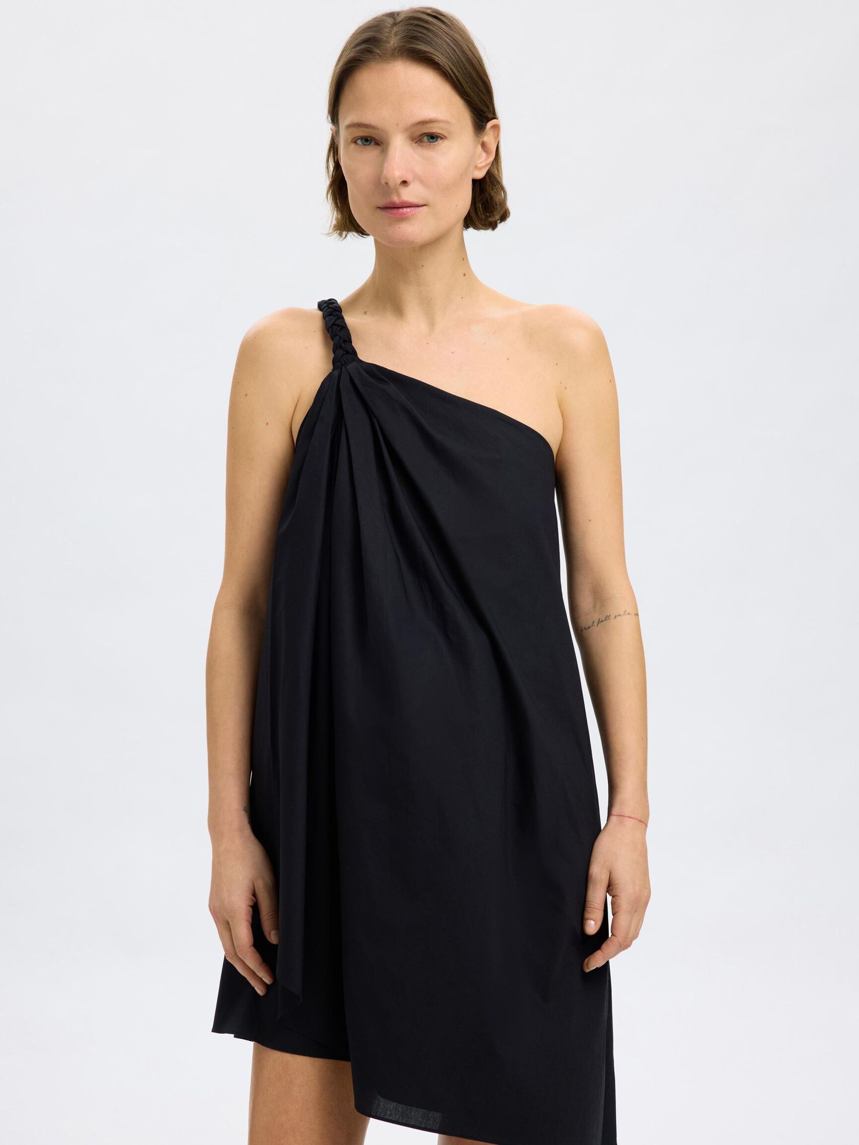 BRAIDED ONE-SHOULDER DRESS, Black, highres