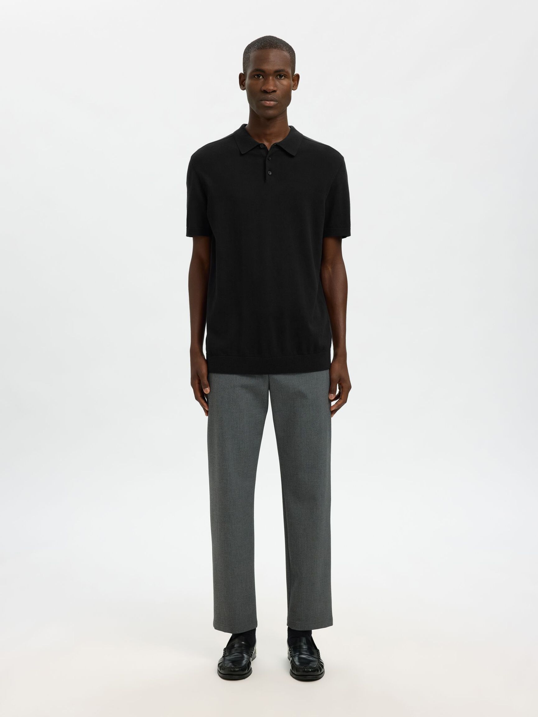 KNITTED POLO SHIRT, Black, highres