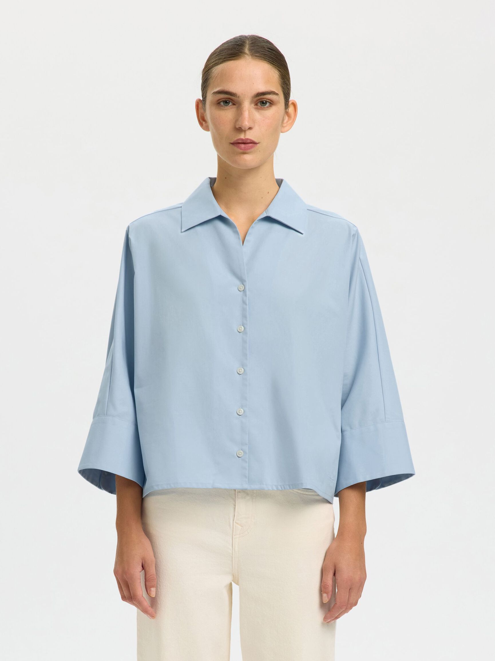 OVERSIZED 3/4 SLEEVED SHIRT, Cashmere Blue, highres