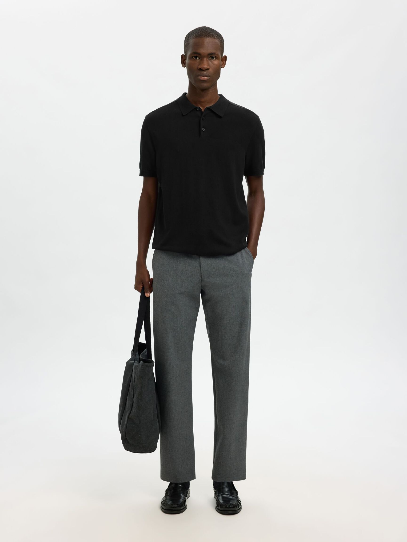 KNITTED POLO SHIRT, Black, highres