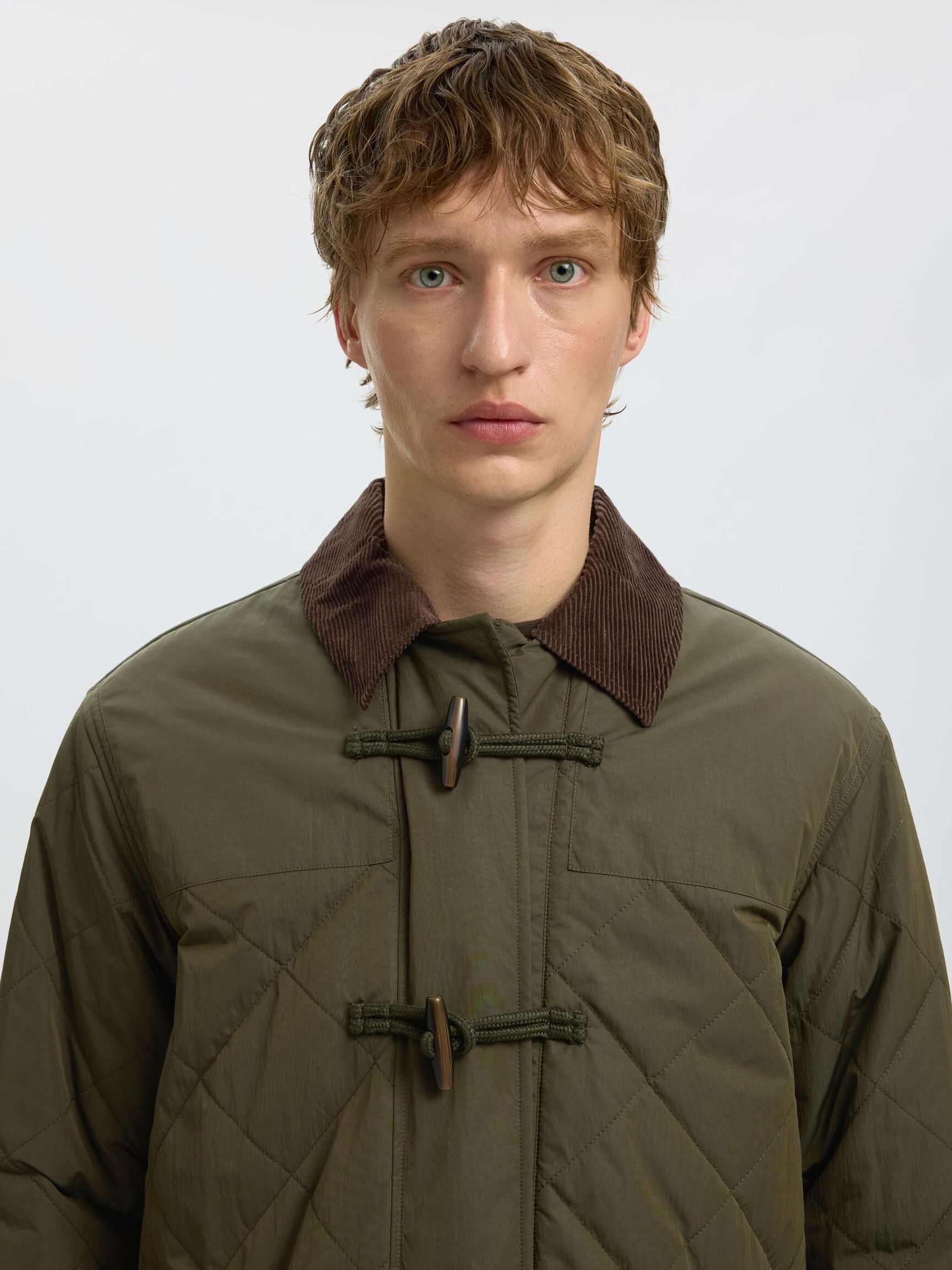 QUILTED DUFFLE COAT, Forest Night, highres