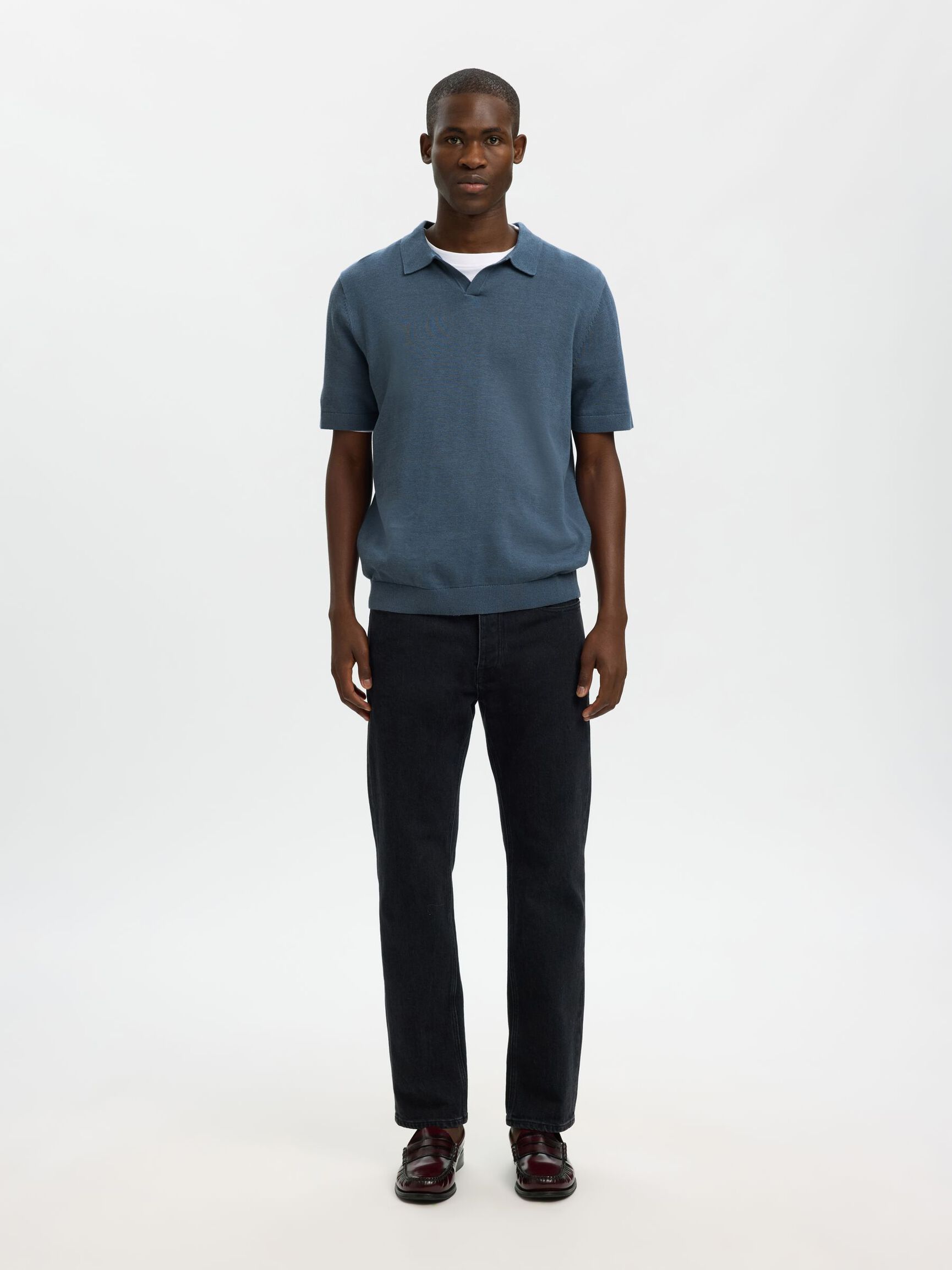SHORT SLEEVED KNITTED POLO SHIRT, Blue Mirage, highres