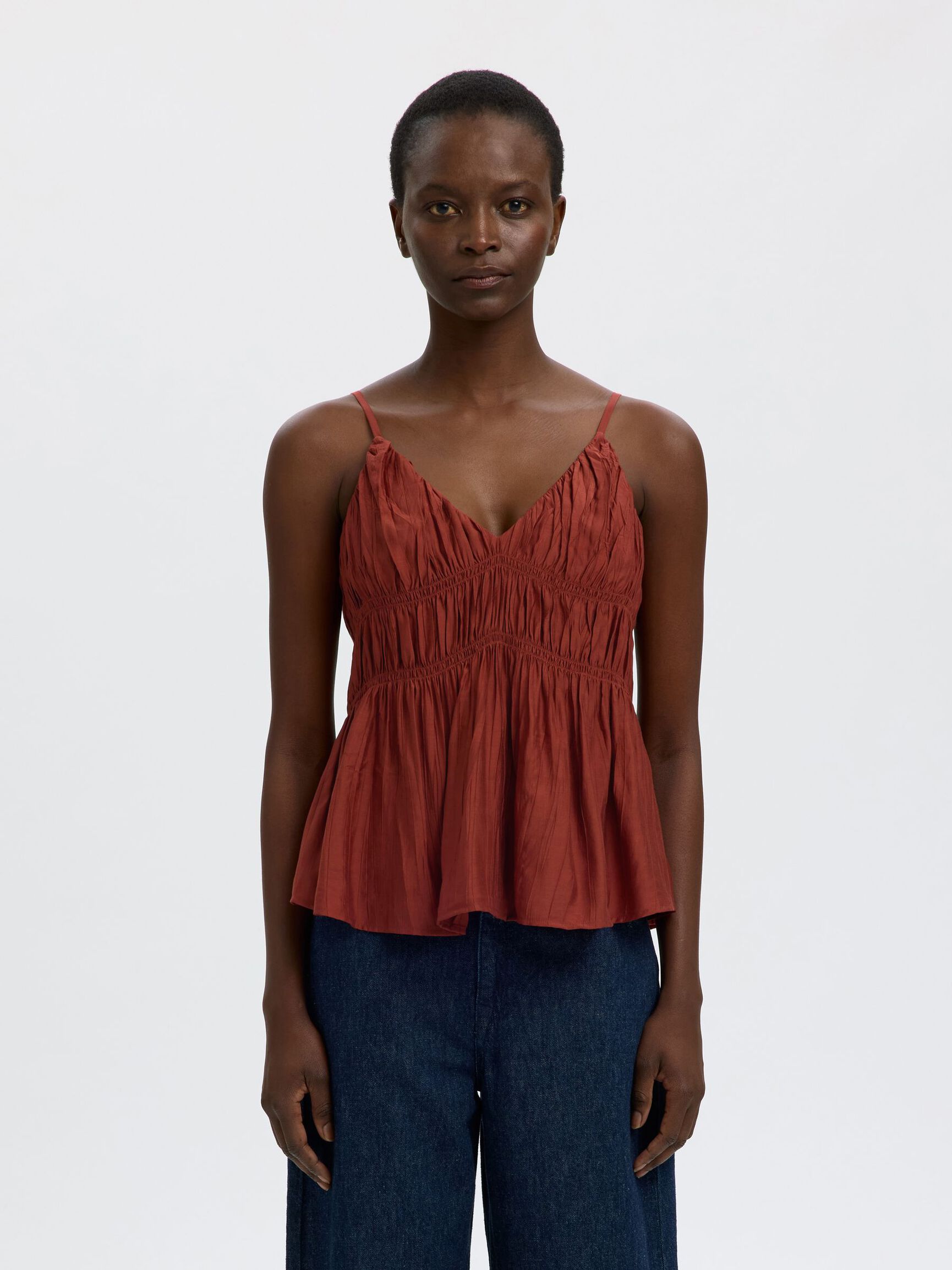 V-NECK SPAGHETTI STRAP TOP, Cherry Mahogany, highres