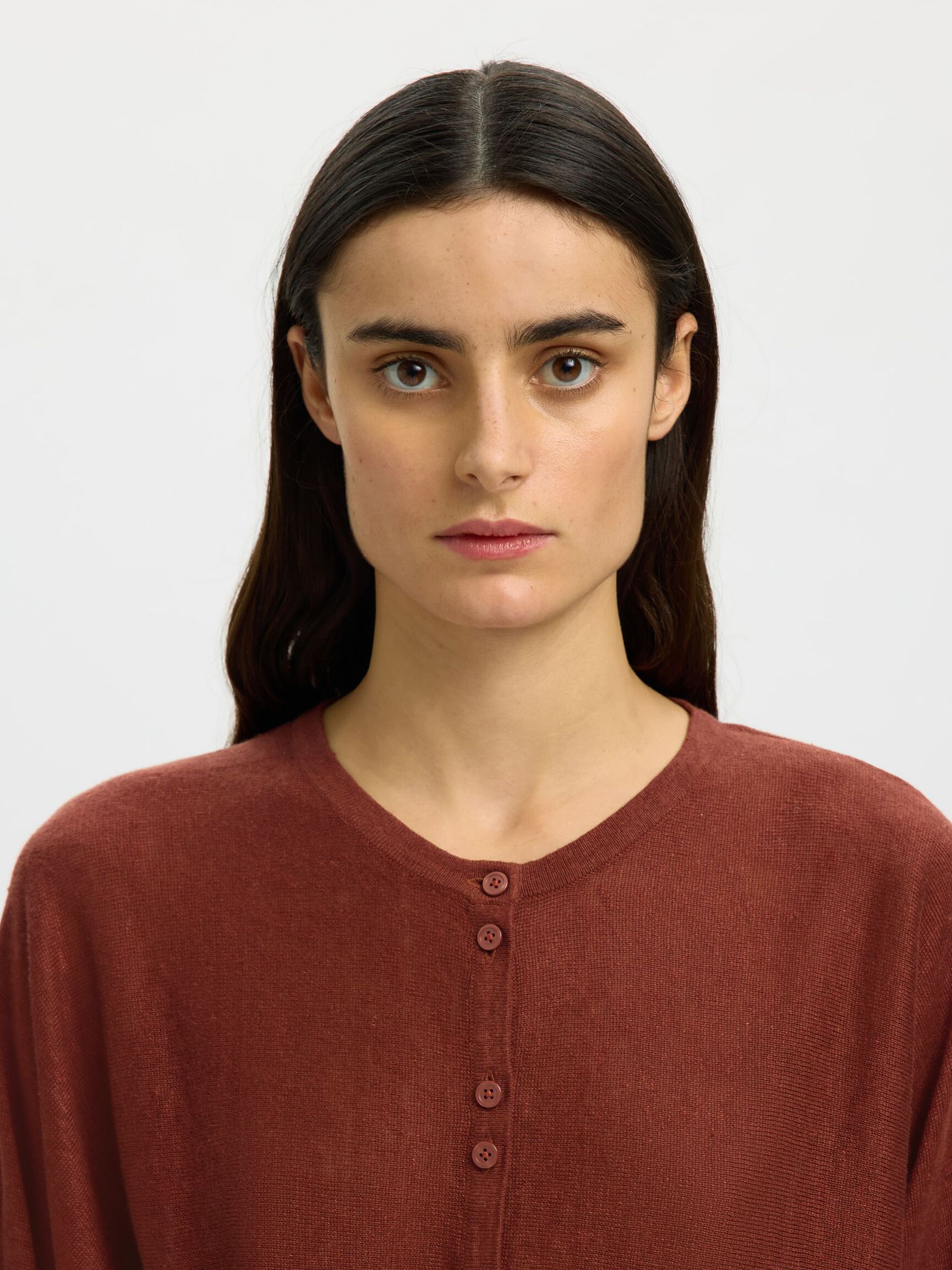 100% LINEN KNITTED CARDIGAN, Cherry Mahogany, highres
