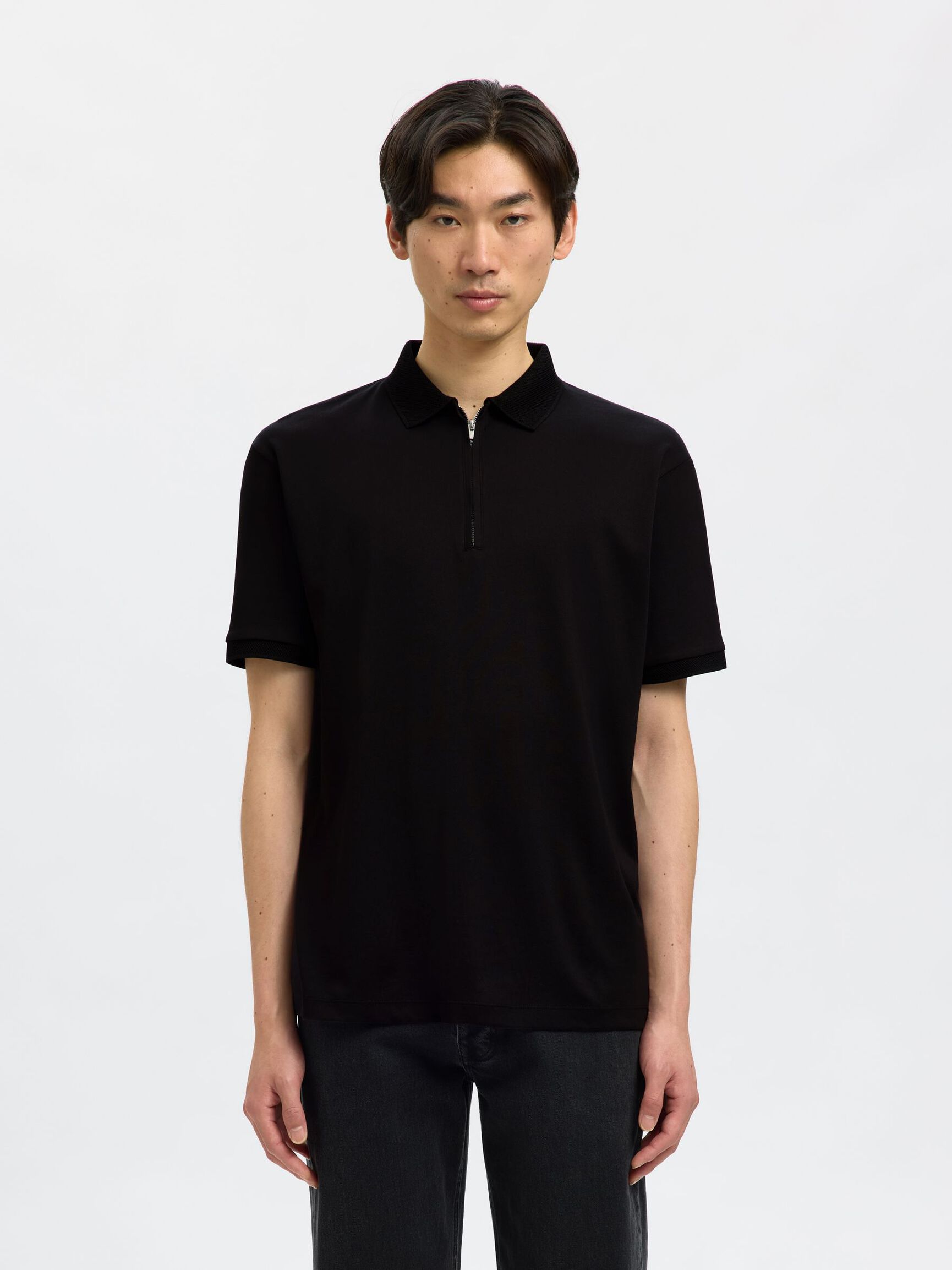 ZIPPER KNITTED POLO SHIRT, Black, highres