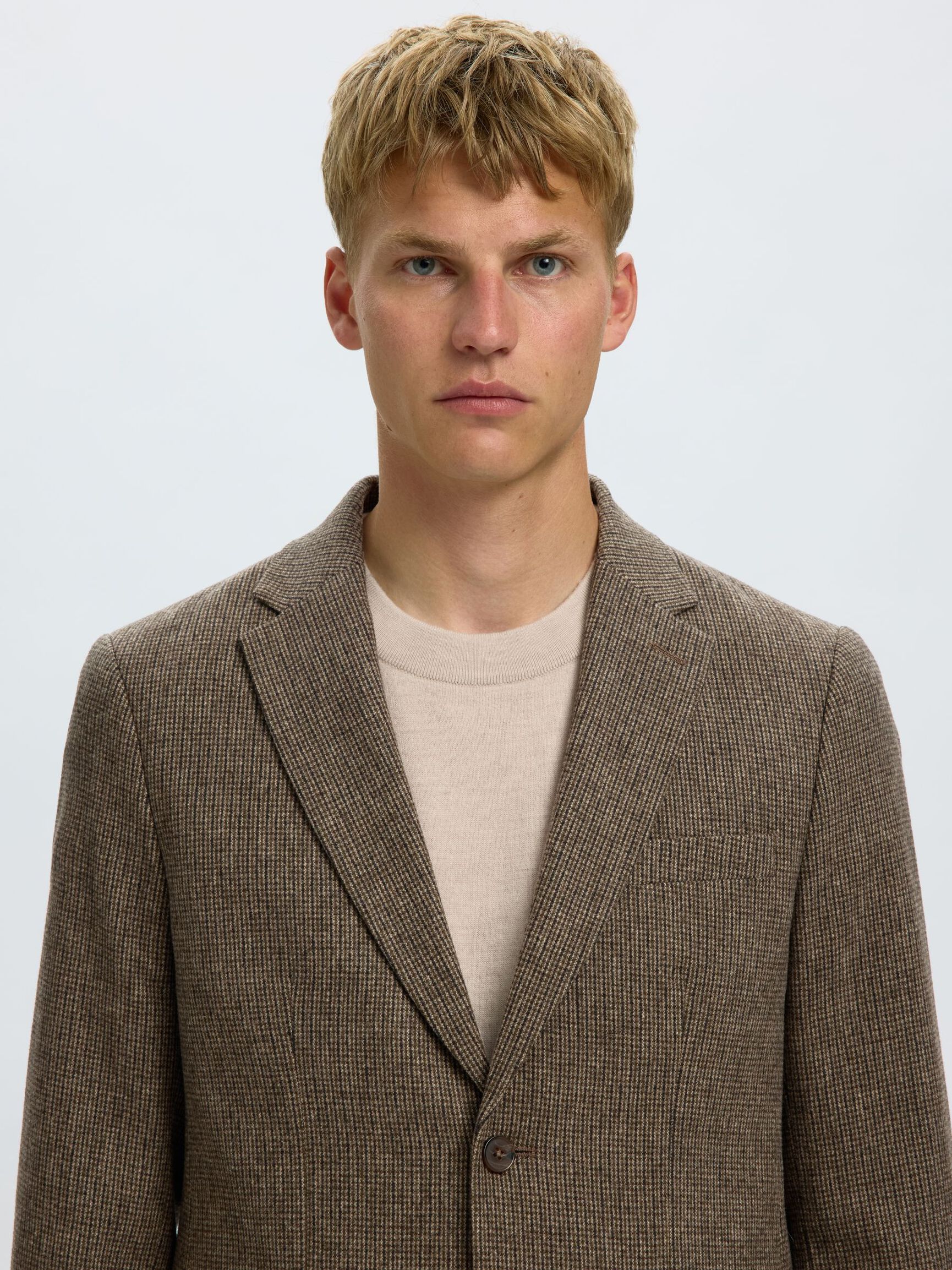 CHECKED WOOL BLEND  BLAZER, Medium Brown Melange, highres