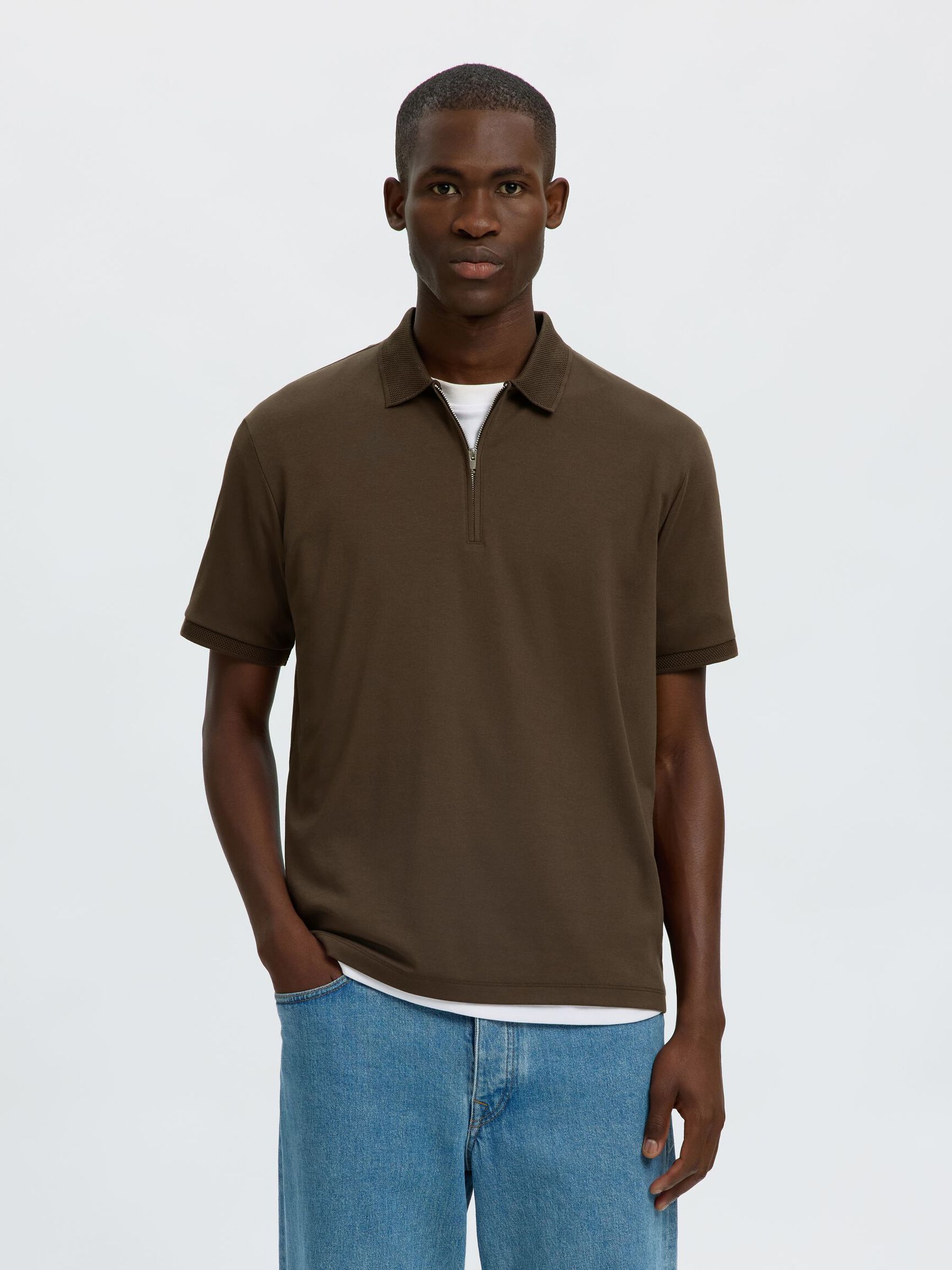 ZIPPER KNITTED POLO SHIRT, Delicioso, highres