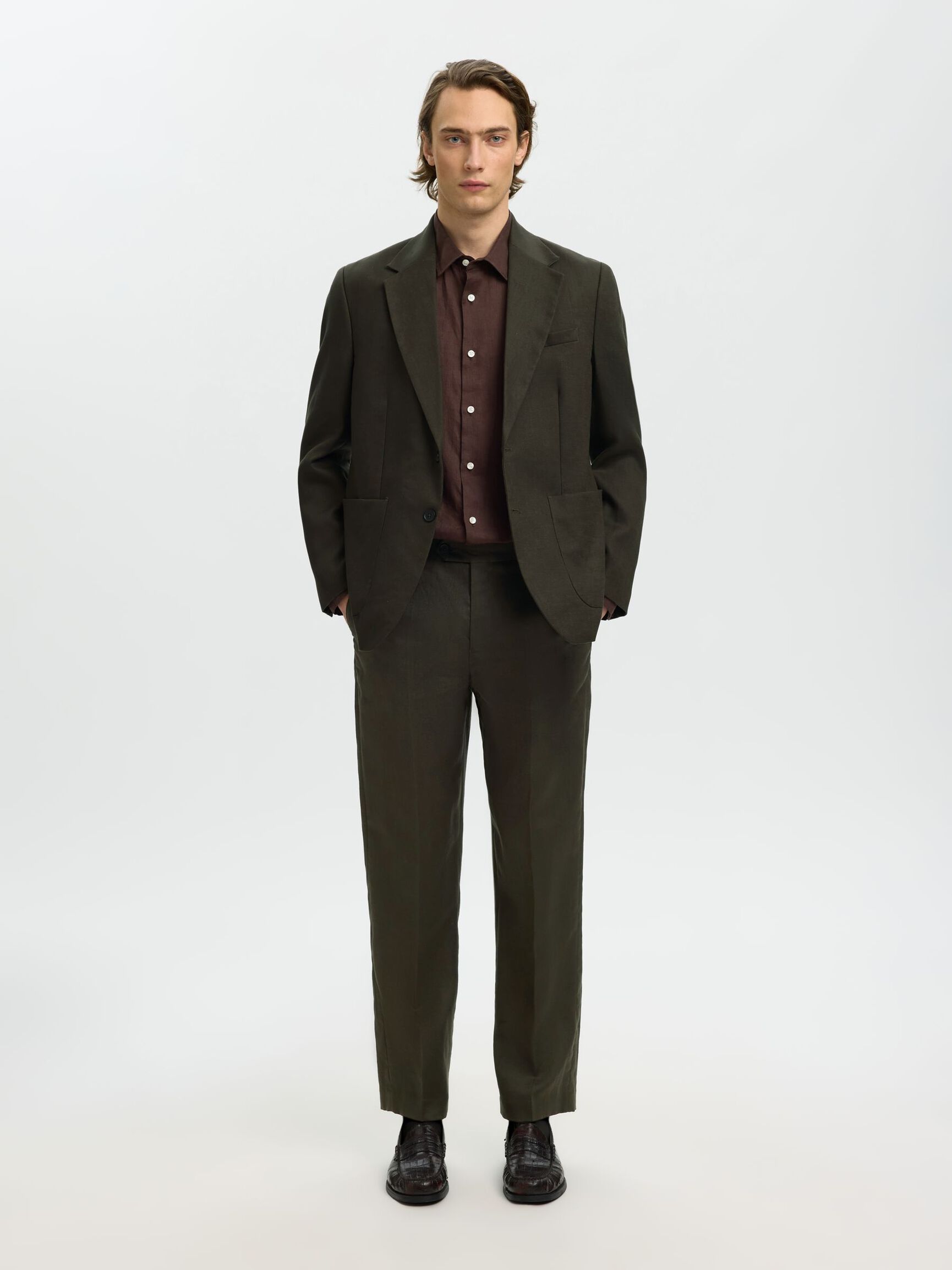 REGULAR FIT KETEN BLAZER BLAZER, Peat, highres