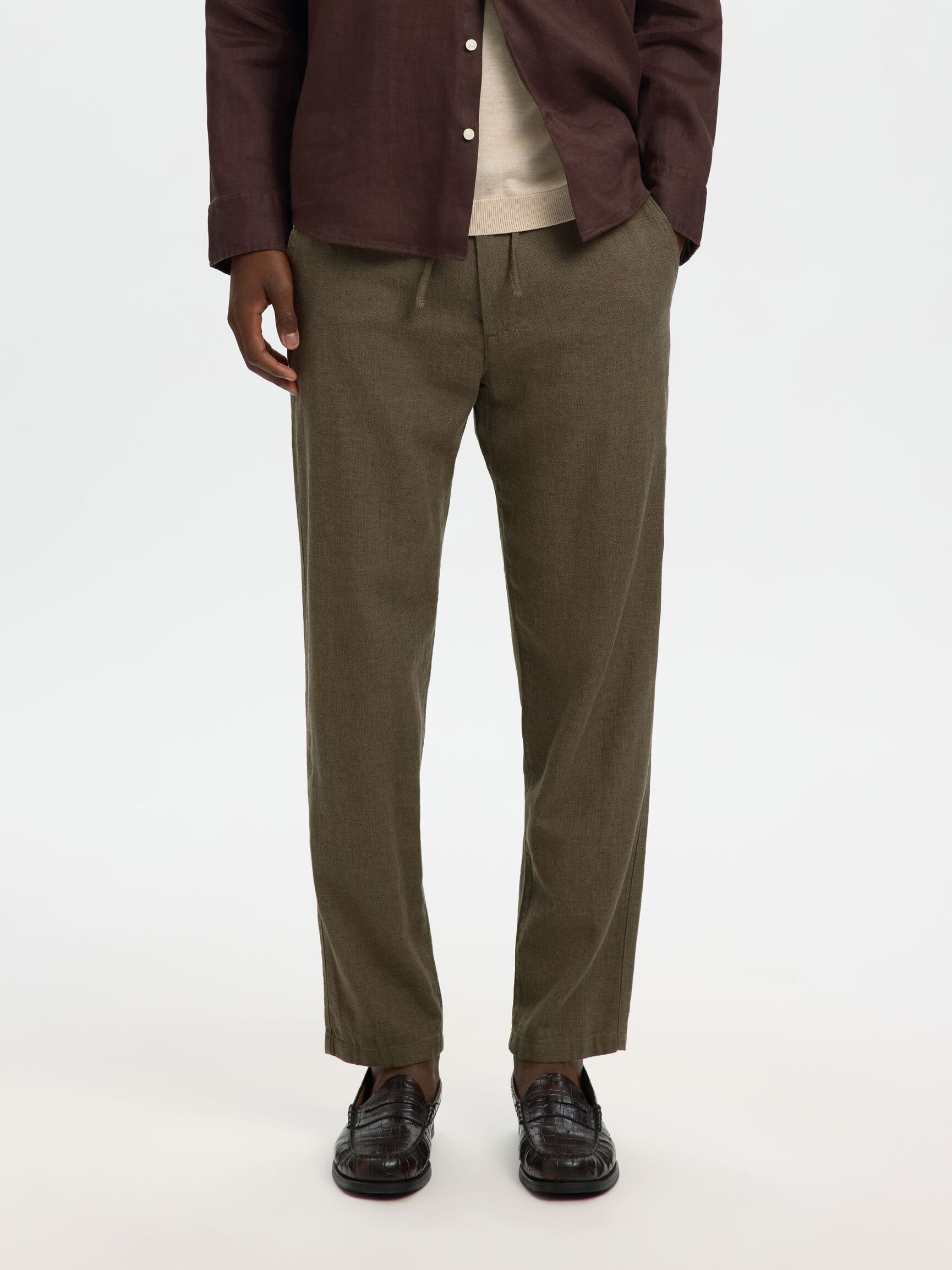 SLIM TAPERED LINEN BLEND TROUSERS, Forest Night, highres