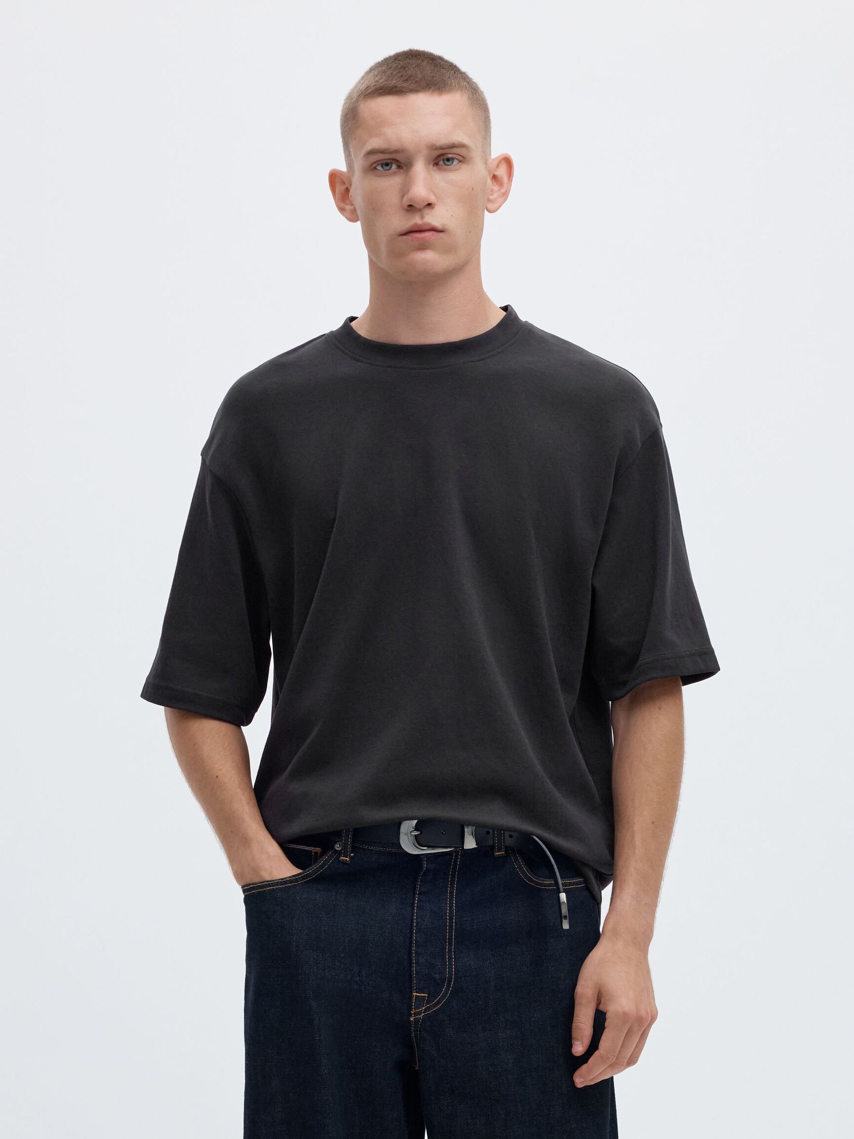 LOOSE FIT BISIKLET YAKA TIŞÖRT TIŞÖRT, Black, highres