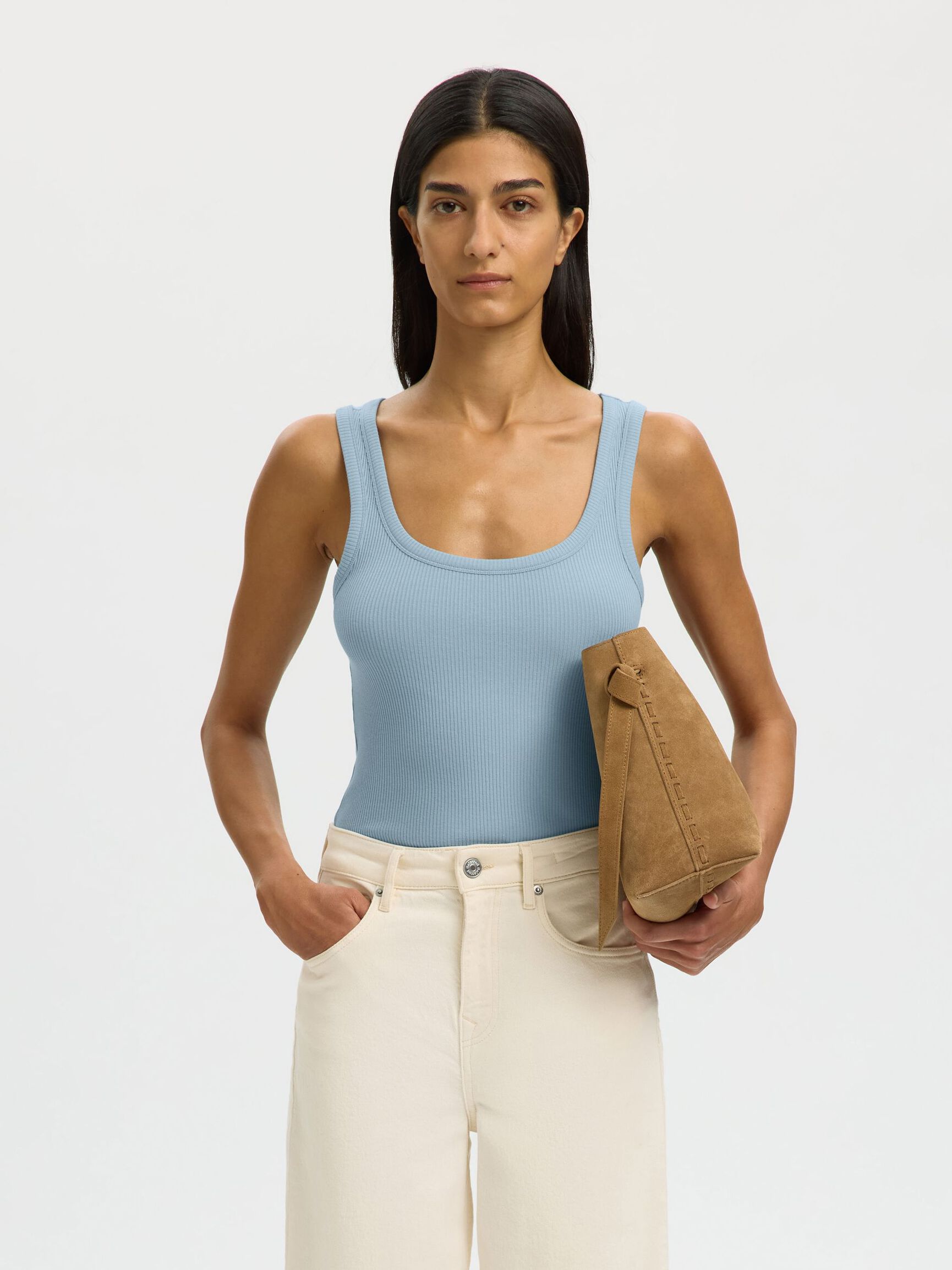 RIBBED COTTON TANK TOP, Dusty Blue, highres