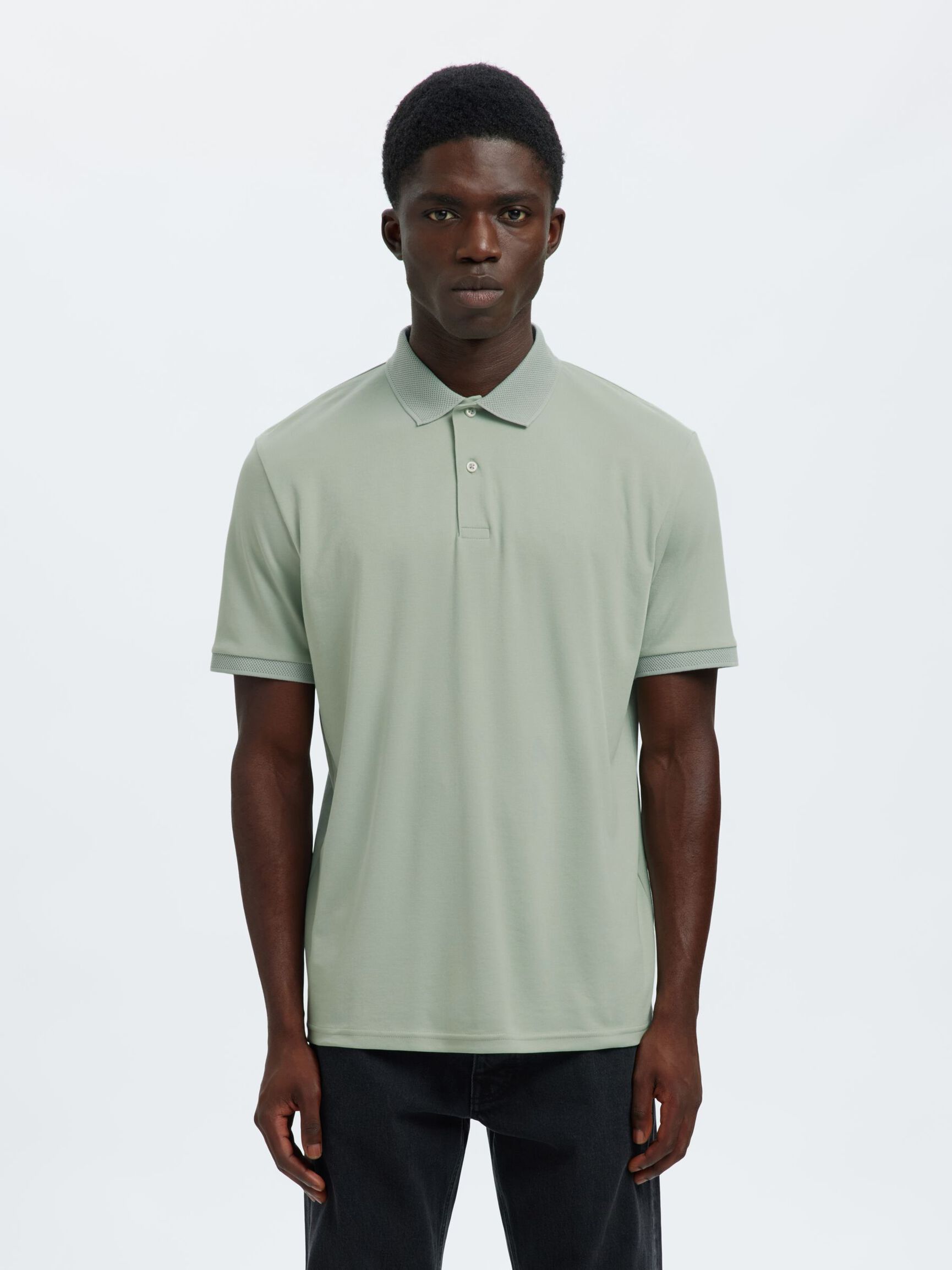 SHORT SLEEVED KNITTED POLO SHIRT, Aqua Gray, highres