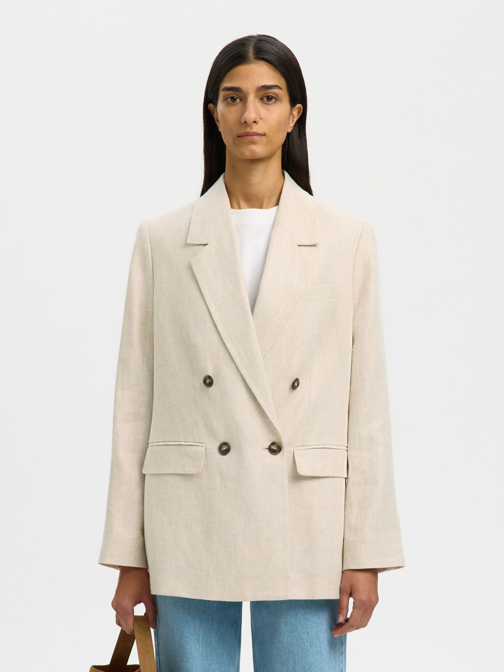 LINEN  DOUBLE-BREASTED BLAZER, Egret, highres