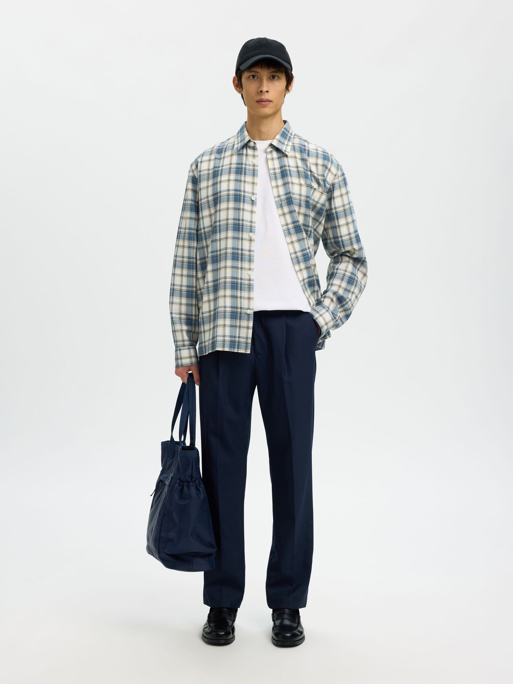 COTTON CHECKED SHIRT, Egret, highres