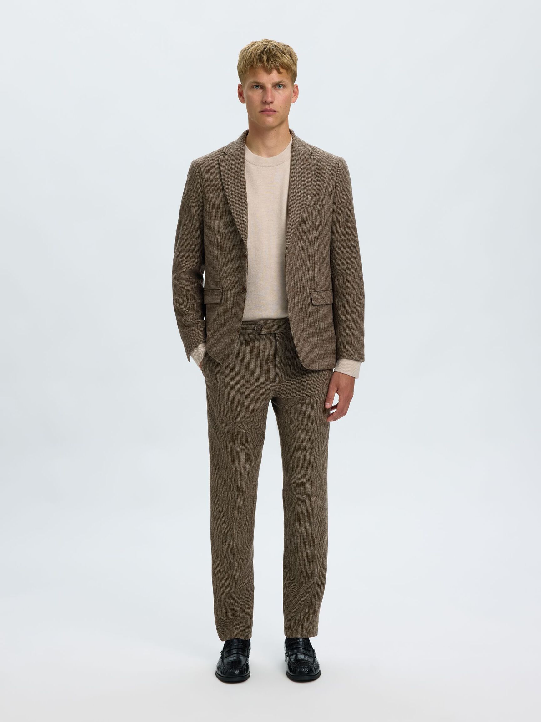 CHECKED WOOL BLEND  BLAZER, Medium Brown Melange, highres