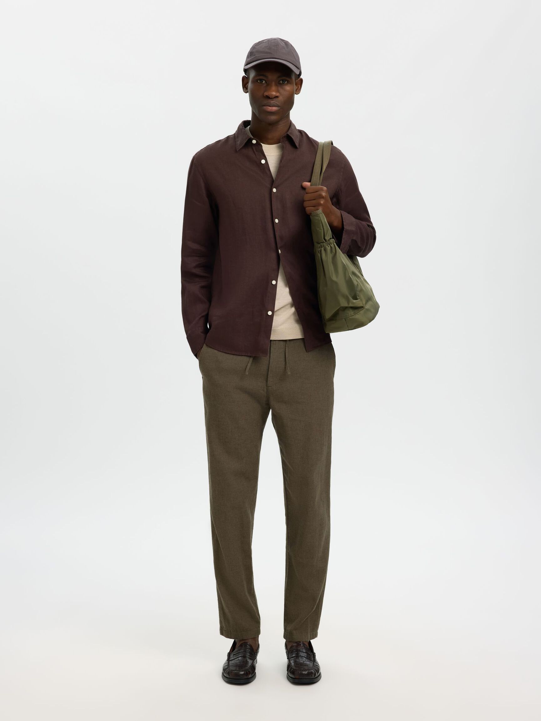 SLIM TAPERED LINEN BLEND TROUSERS, Forest Night, highres