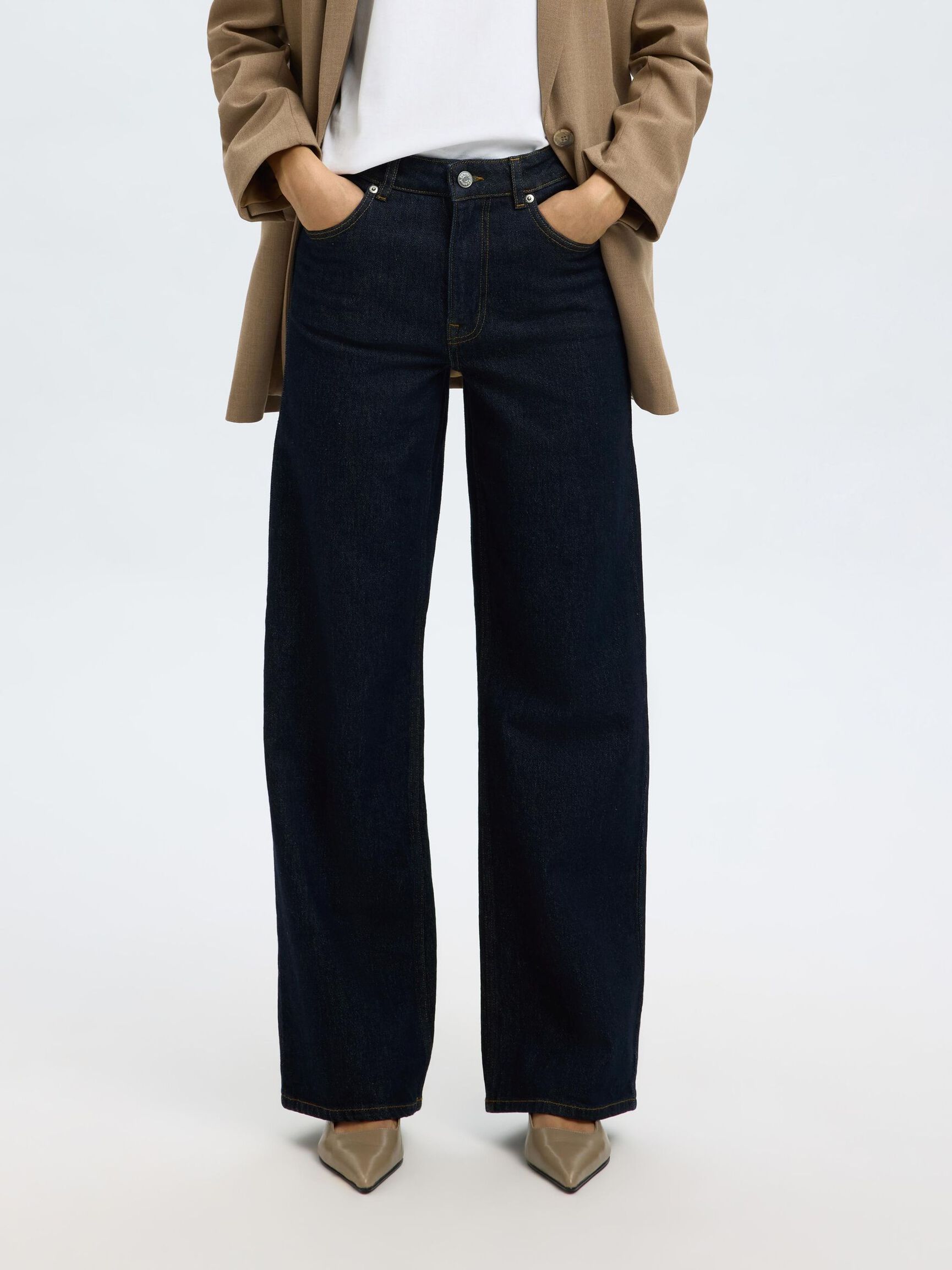HIGH WAISTED WIDE LEG JEANS, Dark Blue Denim, highres