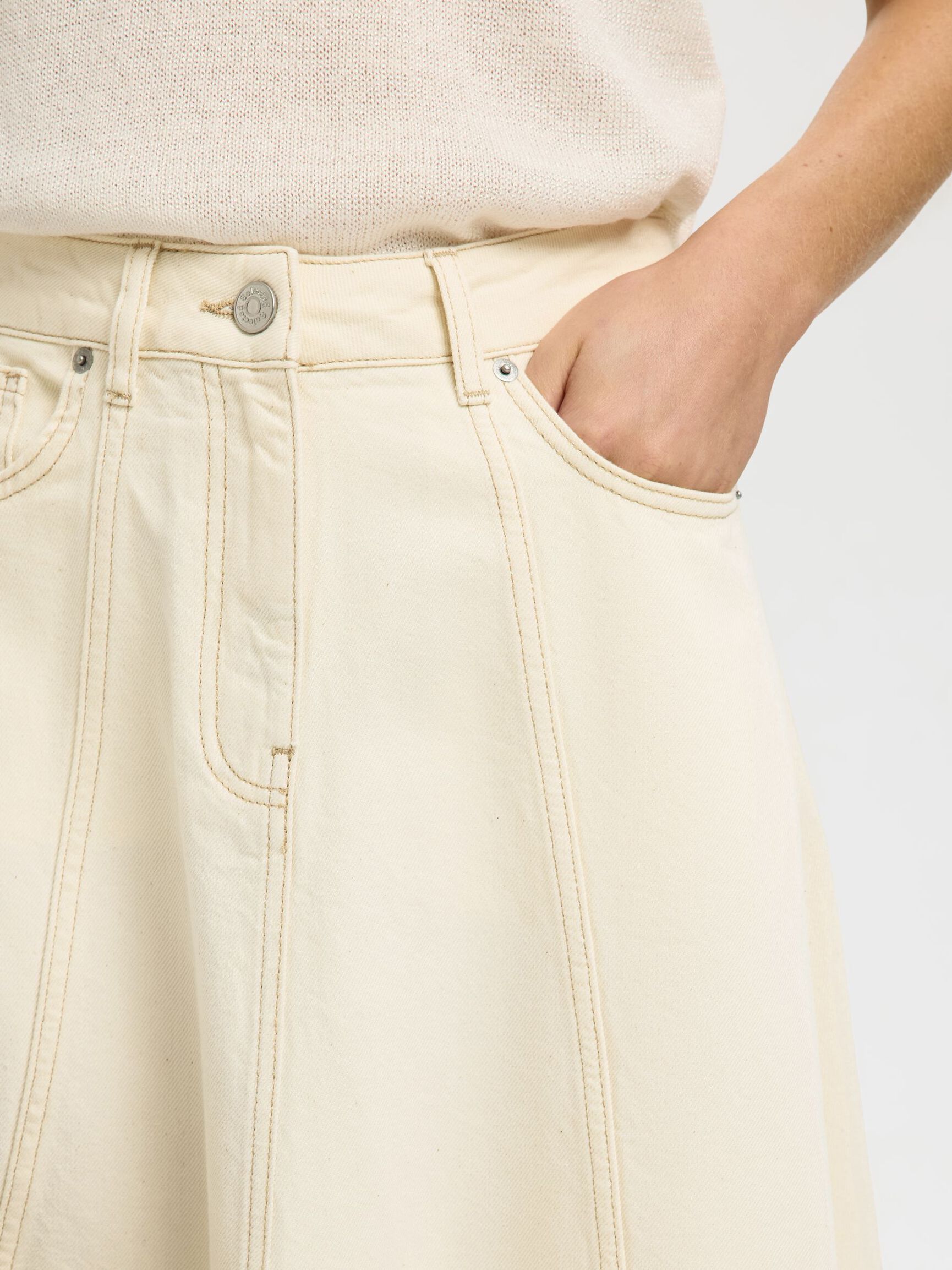 YÜKSEK BEL UZUN DENIM ETEK MAXI ETEK, Egret, highres