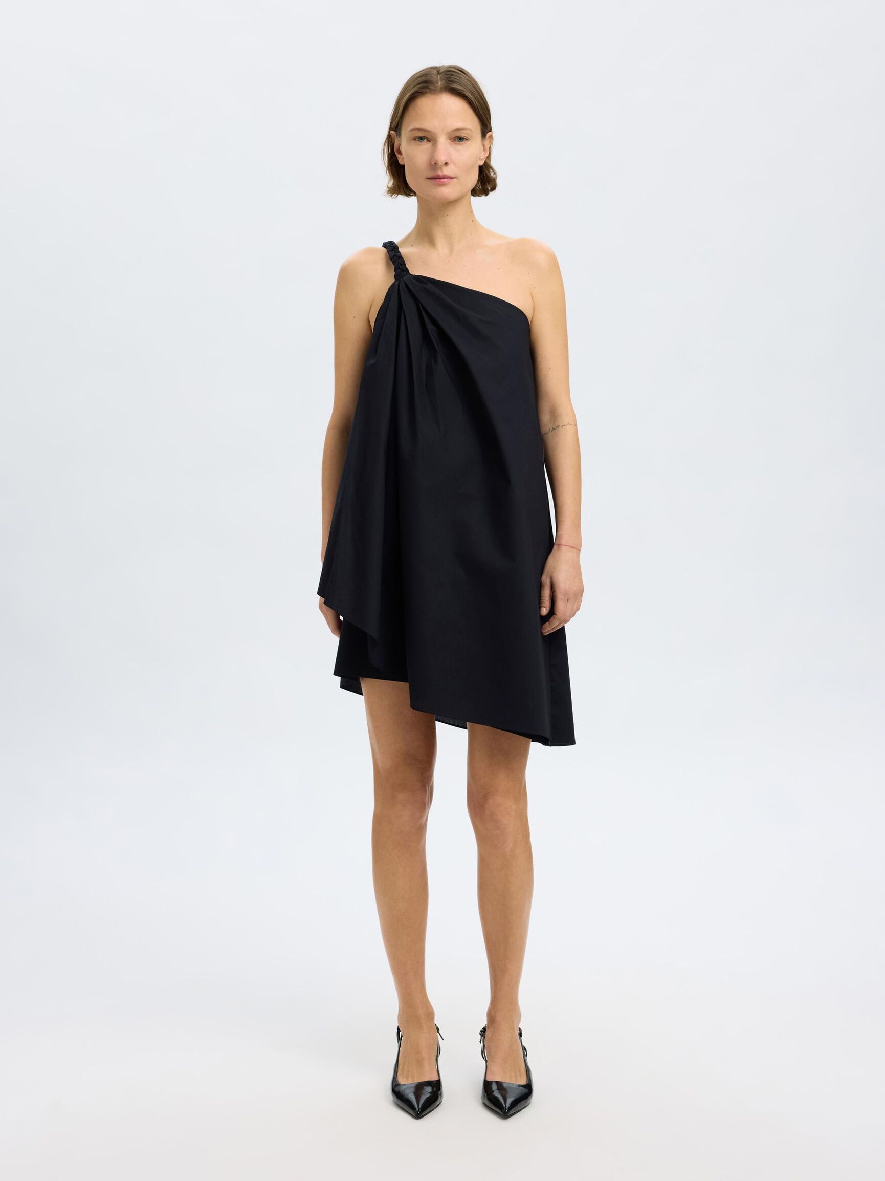 BRAIDED ONE-SHOULDER DRESS, Black, highres