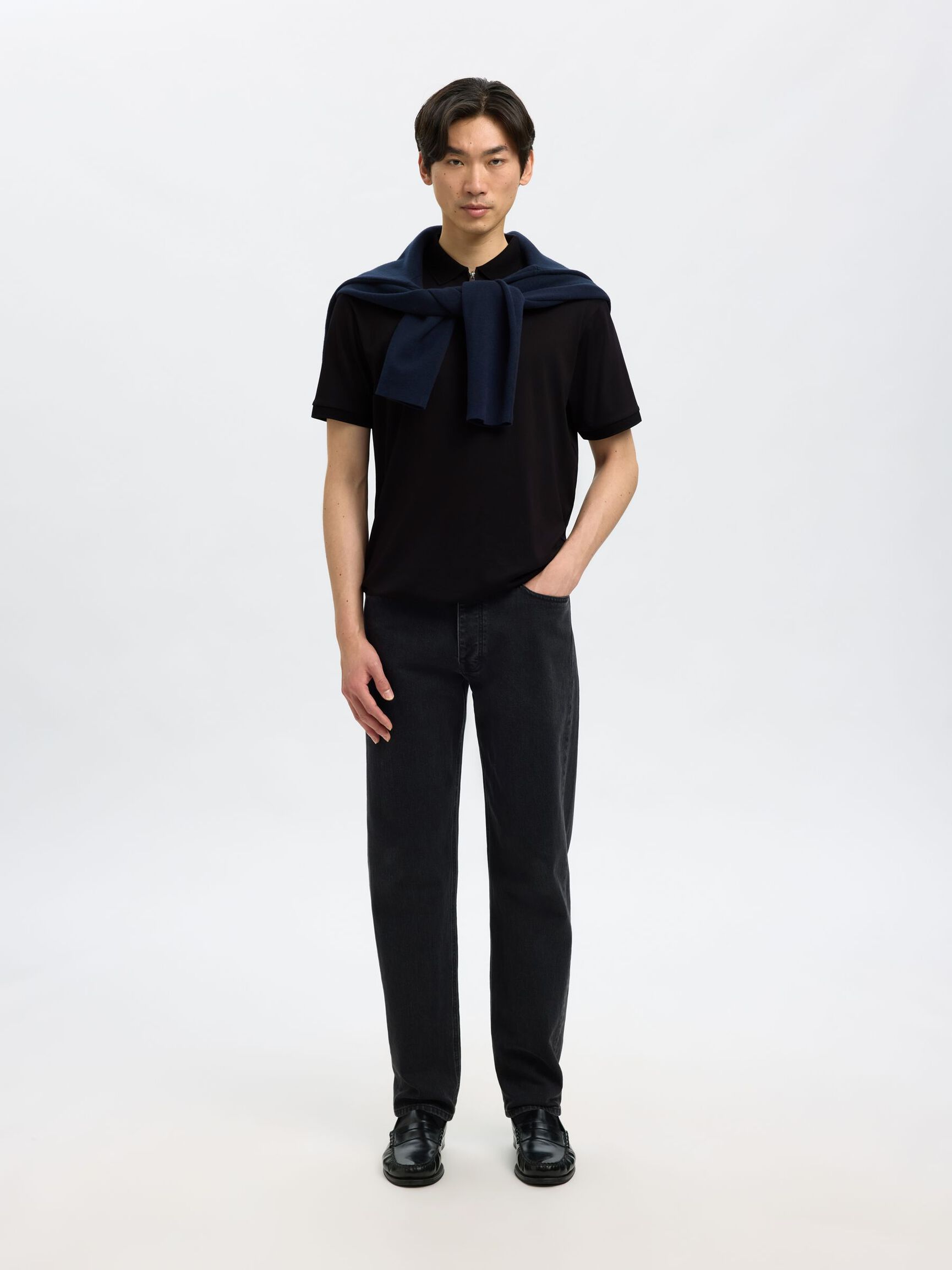 ZIPPER KNITTED POLO SHIRT, Black, highres