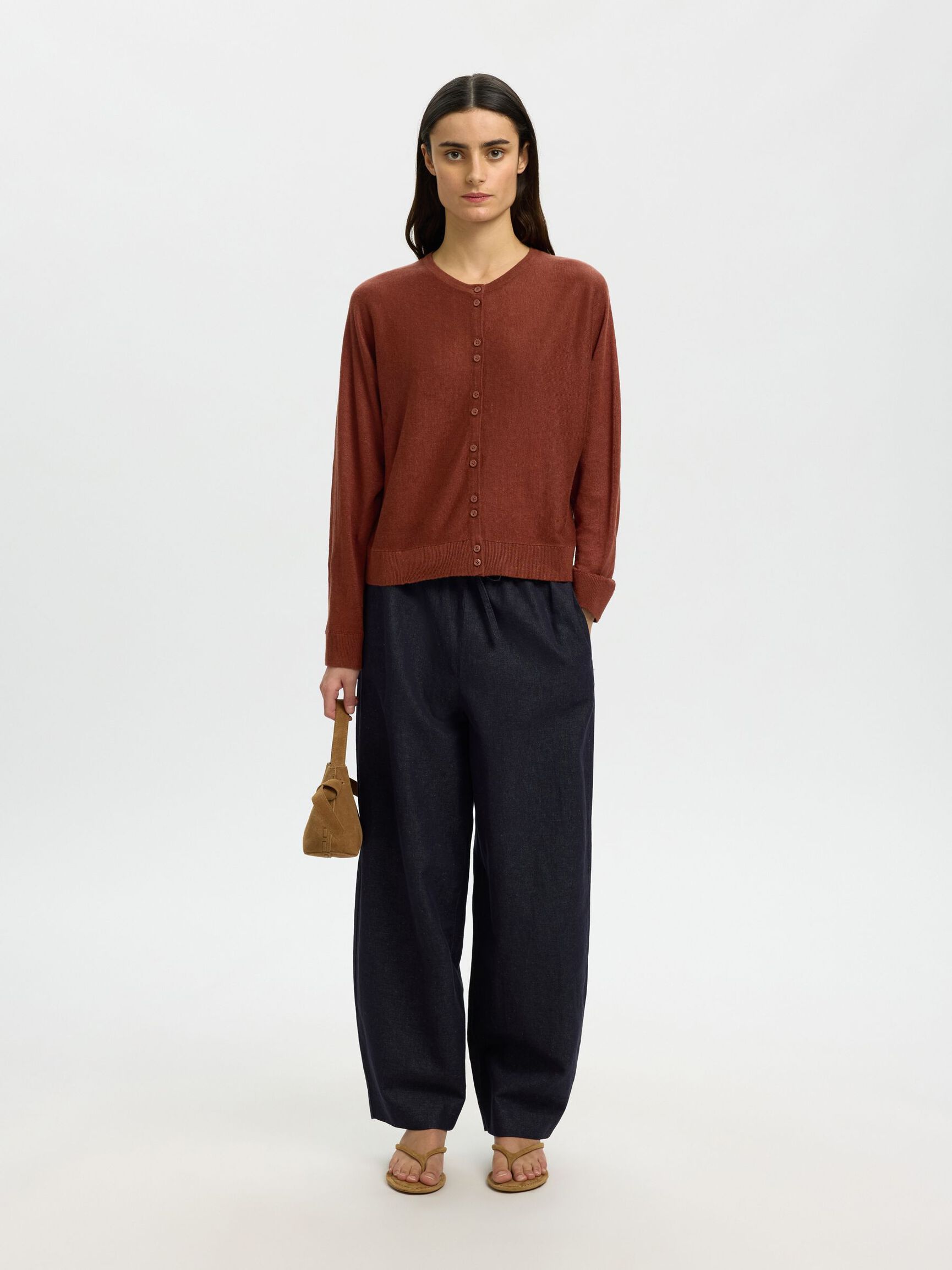 100% LINEN KNITTED CARDIGAN, Cherry Mahogany, highres