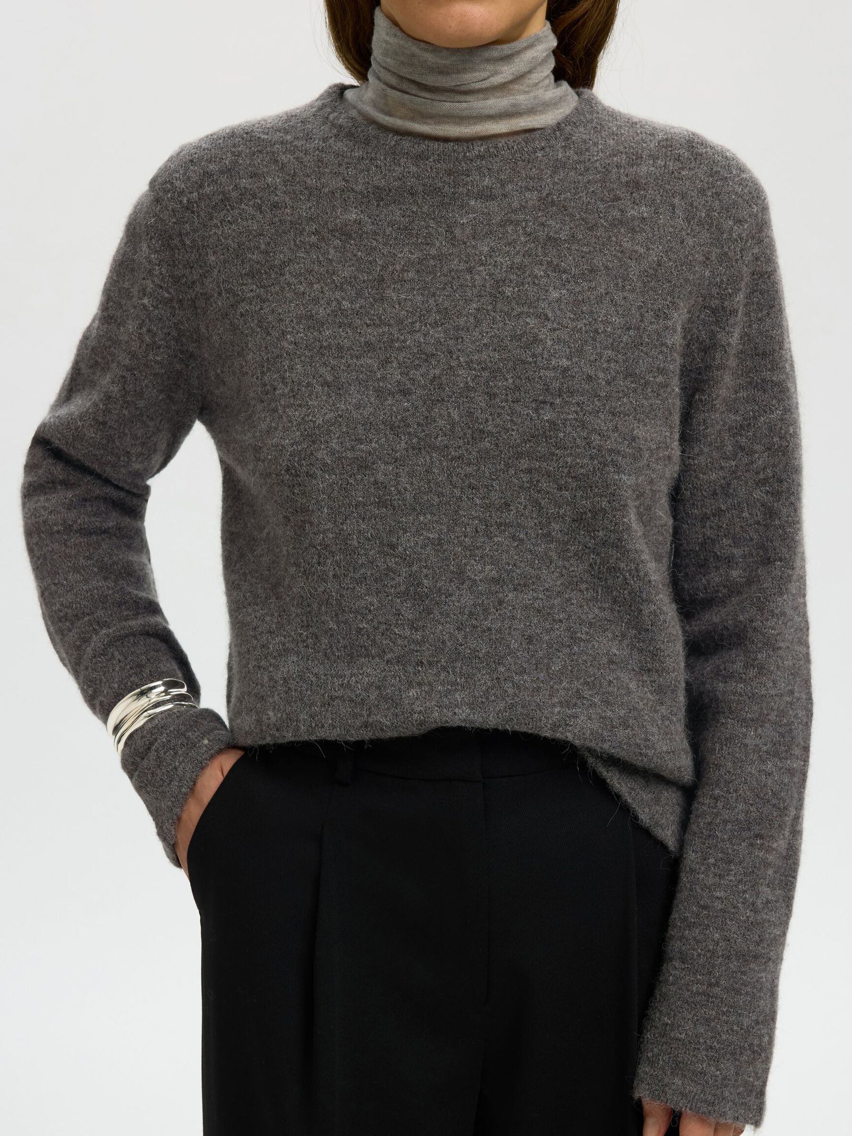 YÜN KARIŞIMLI BISIKLET YAKA TRIKO ÖRGÜ KAZAK, Medium Grey Melange, highres