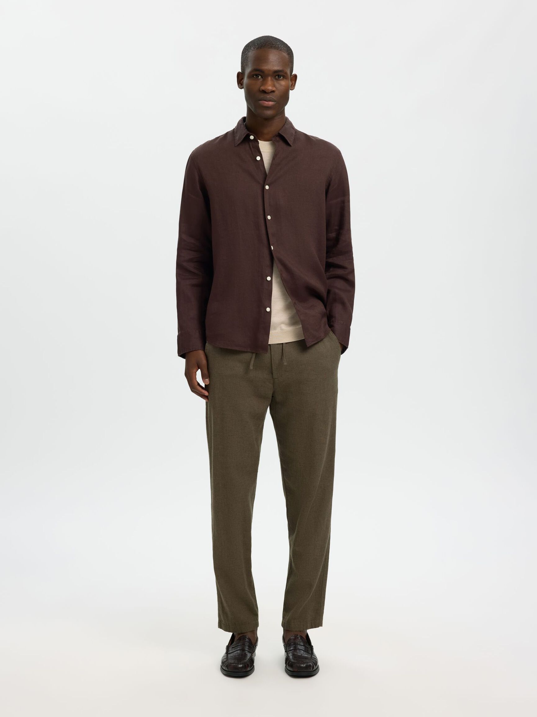 SLIM TAPERED LINEN BLEND TROUSERS, Forest Night, highres