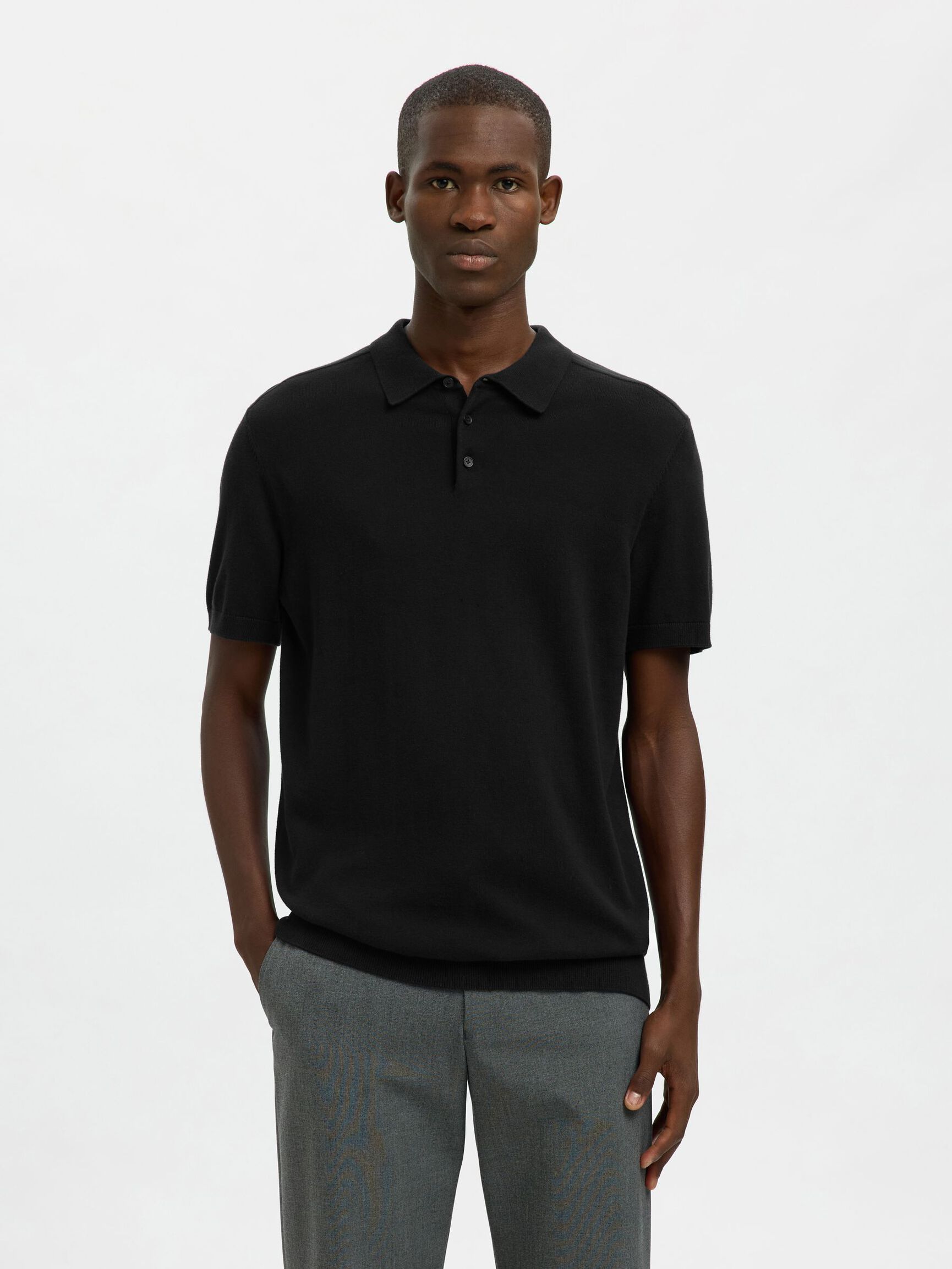 KNITTED POLO SHIRT, Black, highres